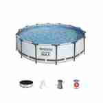 14FT round above-ground tubular swimming pool Ø427cm x 107cm with filter pump, steel frame, repair kit - Bestway Peridot - Grey Photo1