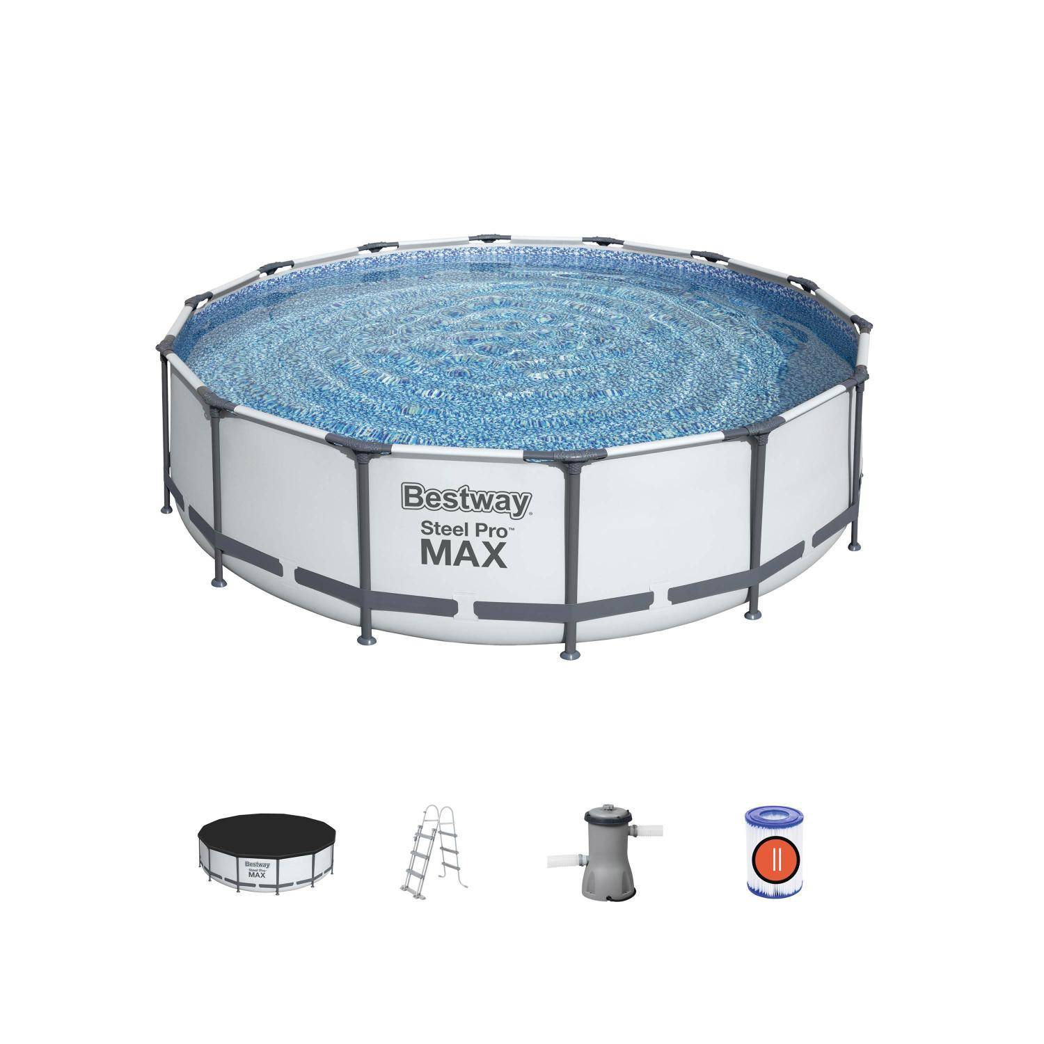 14FT round above-ground tubular swimming pool Ø427cm x 107cm with filter pump, steel frame, repair kit - Bestway Peridot - Grey Photo1