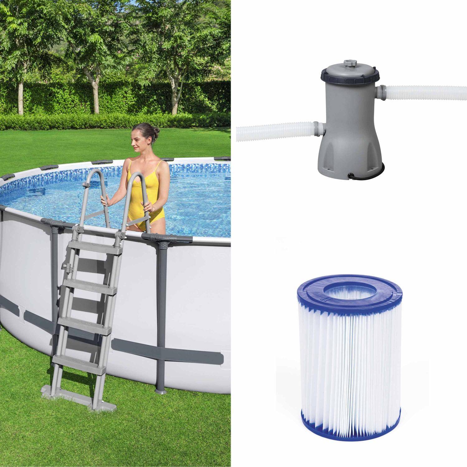 15ft round tubular above-ground swimming pool with filter pump, steel frame, repair kit, 457 x 122 cm - Bestway Come - Grey Photo4