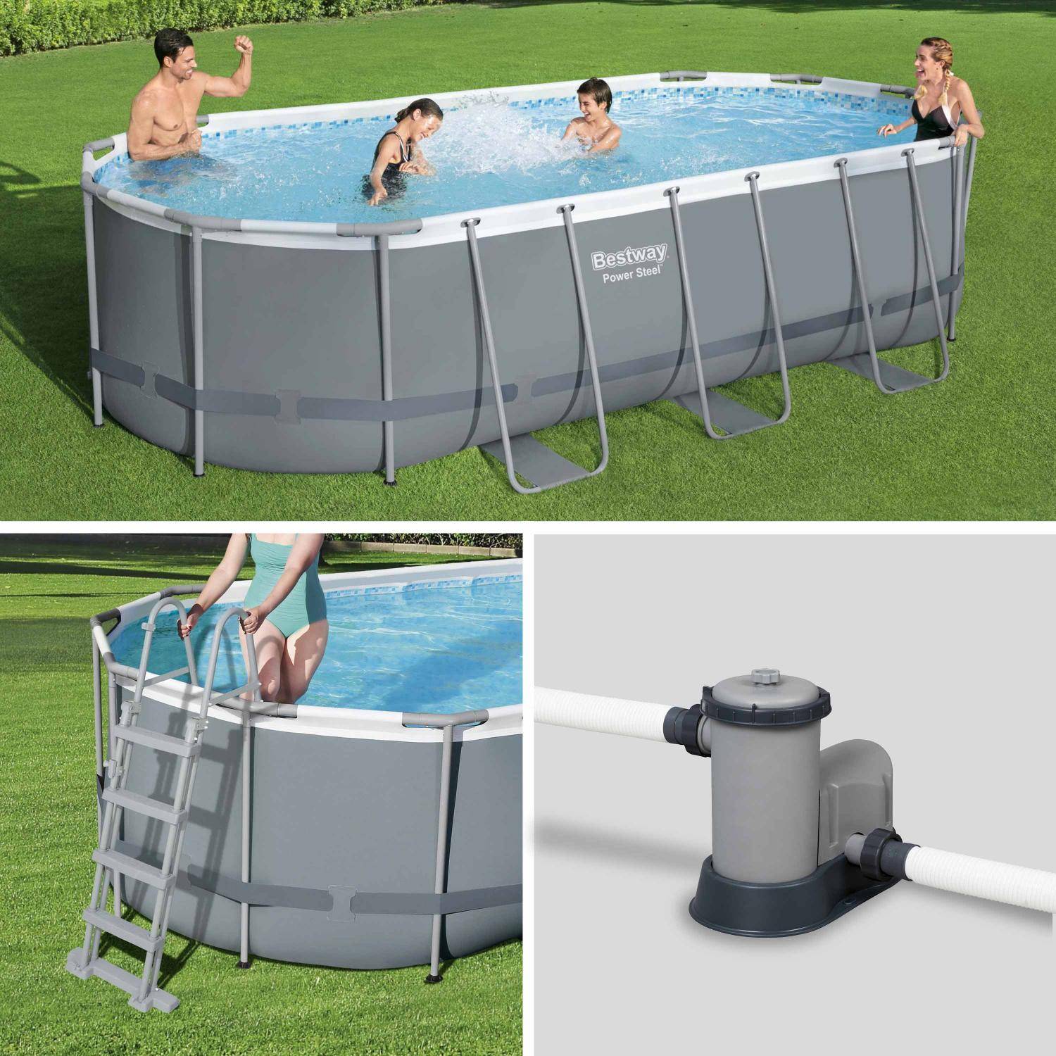 5x3m above ground tubular swimming pool, grey, rectangular, with pump, filter cartridge, diffuser, cover and ladder - Bestway Spinelle - Grey Photo4