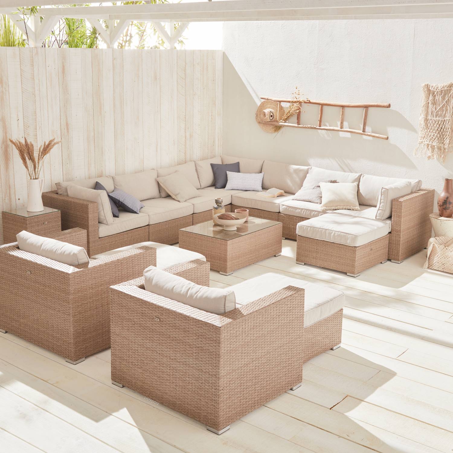 Ready assembled 14-seater polyrattan corner garden sofa set, Beige / Beige | sweeek