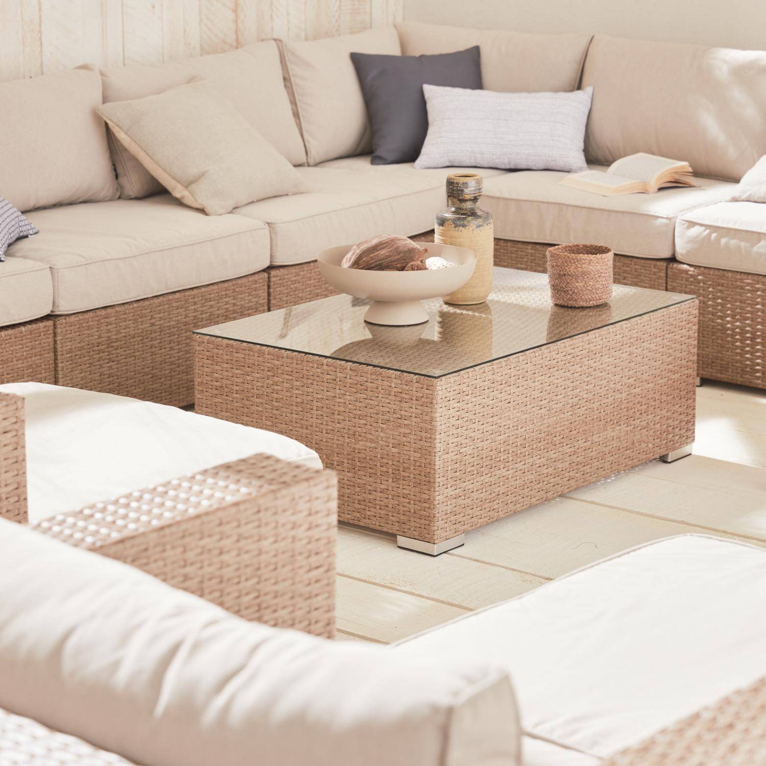 Ready assembled 14-seater premium polyrattan corner garden sofa set with coffee table, Beige ,sweeek,Photo3