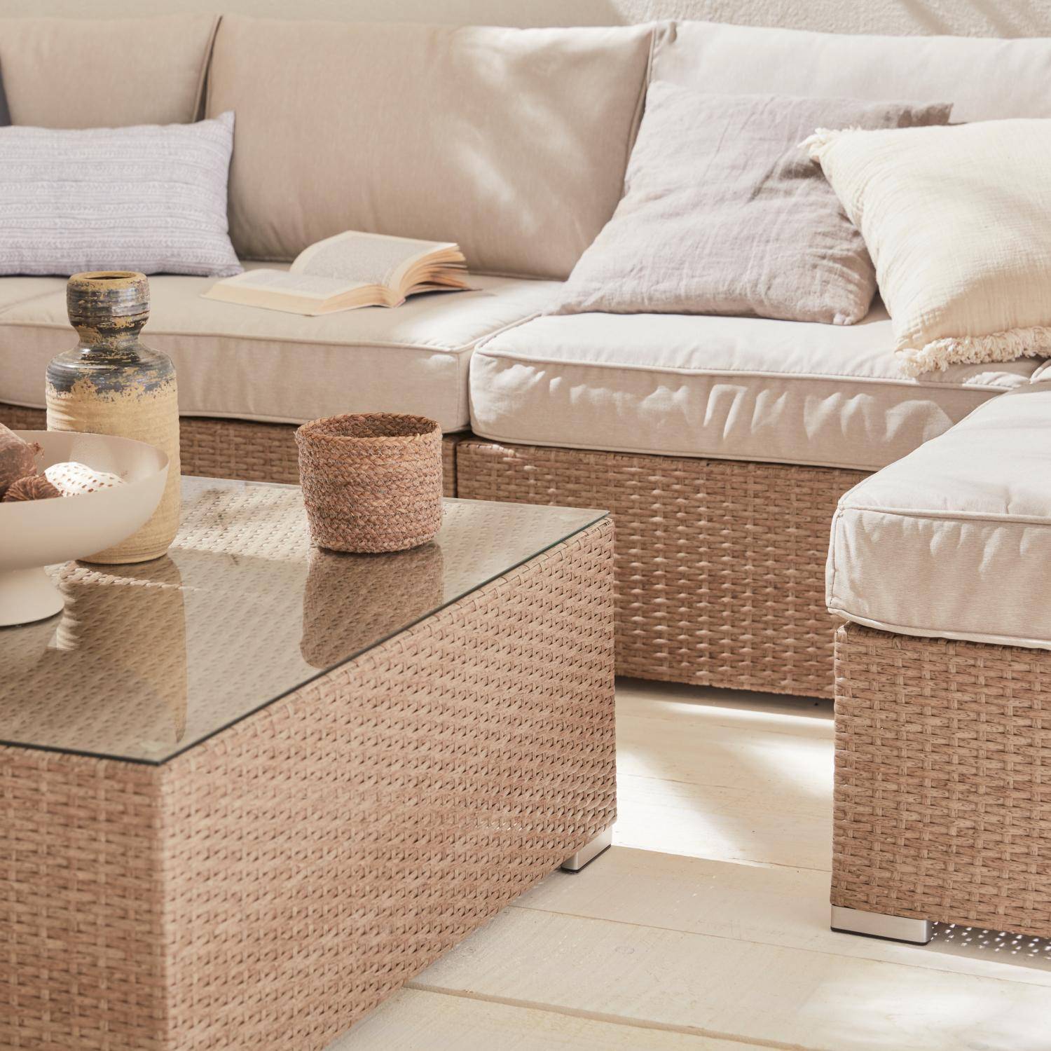 Ready assembled 14-seater premium polyrattan corner garden sofa set with coffee table, Beige  Photo2