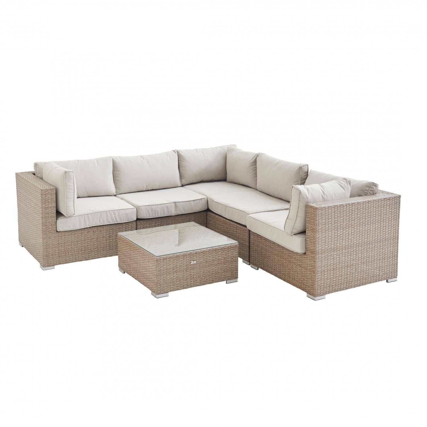 Ready assembled 5-seater polyrattan corner garden sofa set with coffee table, Napoli. Beige,sweeek,Photo2