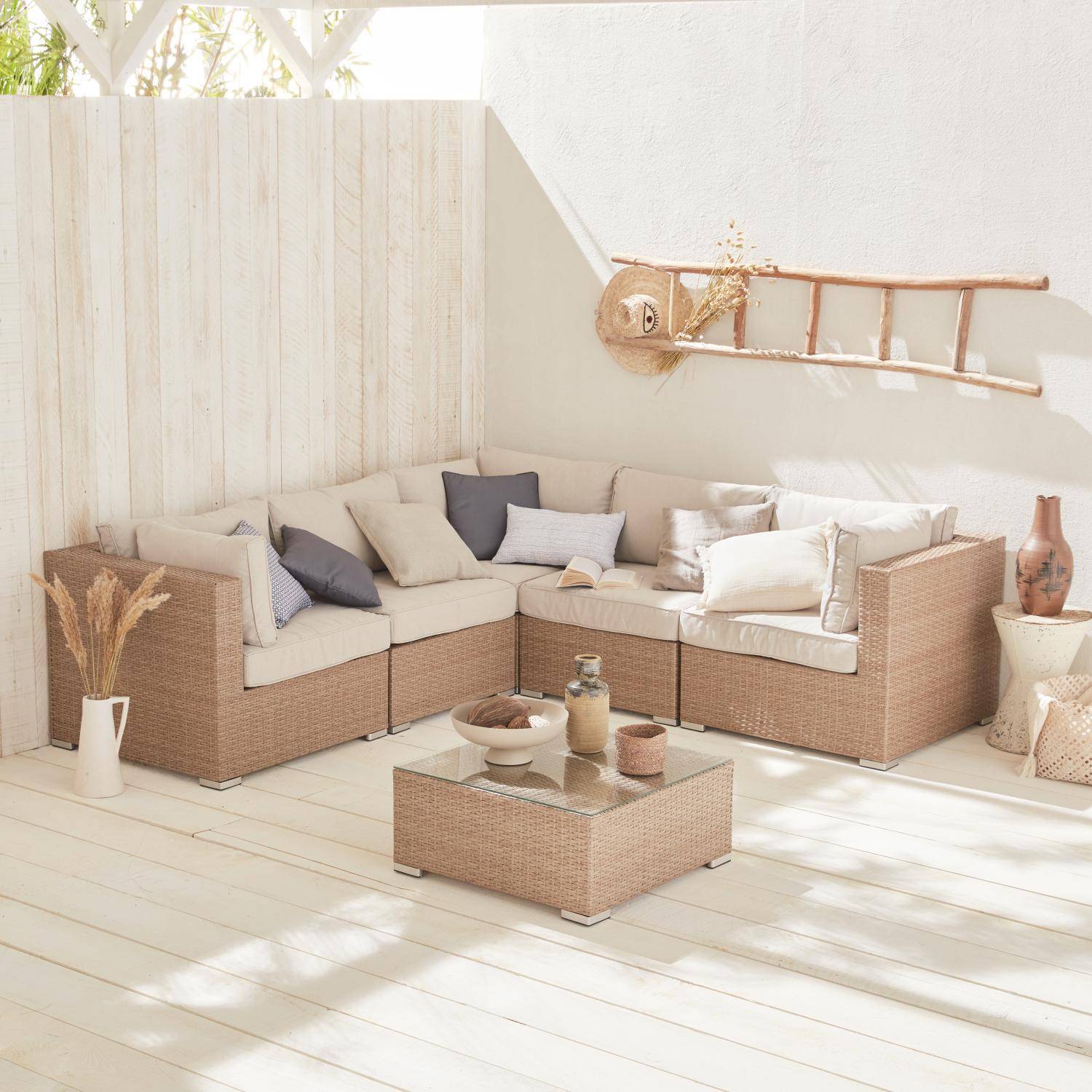Ready assembled 5-seater polyrattan corner garden sofa set with coffee table, Napoli. Beige,sweeek,Photo1