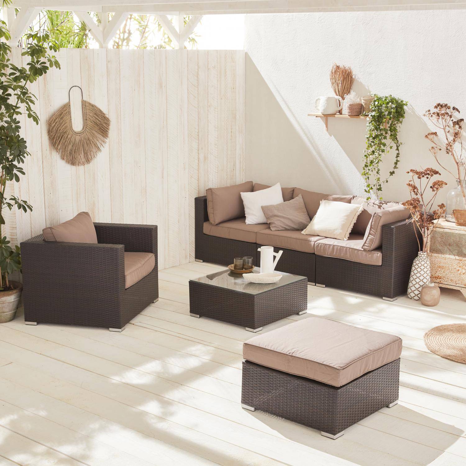 Ready assembled 5-seater polyrattan garden sofa set - sofa, armchair, coffee table - Caligari - Brown rattan, Chocolate  cushions,sweeek,Photo1