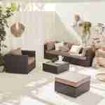 Ready assembled 5-seater polyrattan garden sofa set - sofa, armchair, coffee table - Caligari - Brown rattan, Chocolate  cushions Photo1