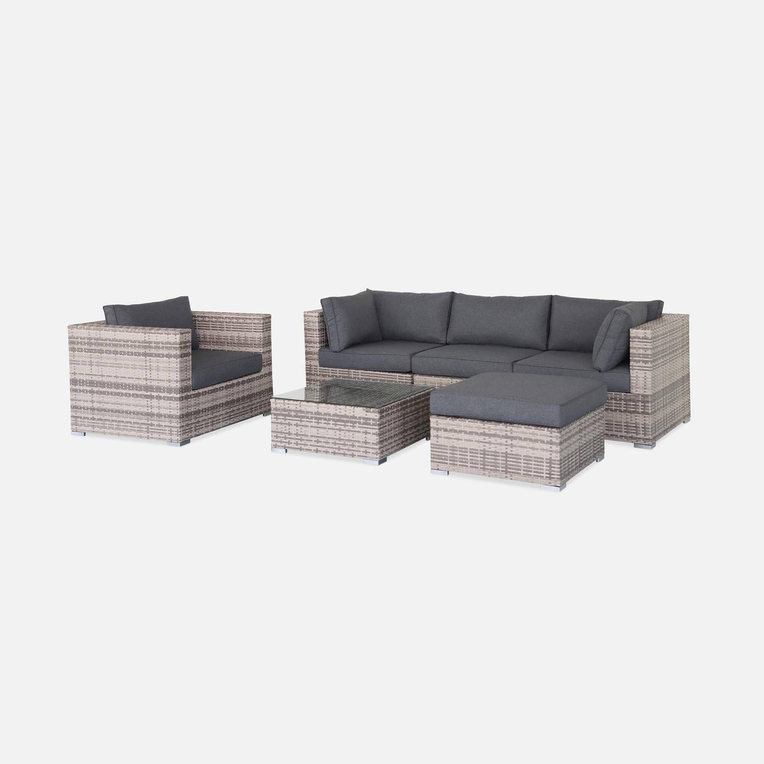Ready assembled 5-seater polyrattan garden sofa set - sofa, armchair, coffee table - Caligari - Mixed Grey rattan, Grey cushions Photo1