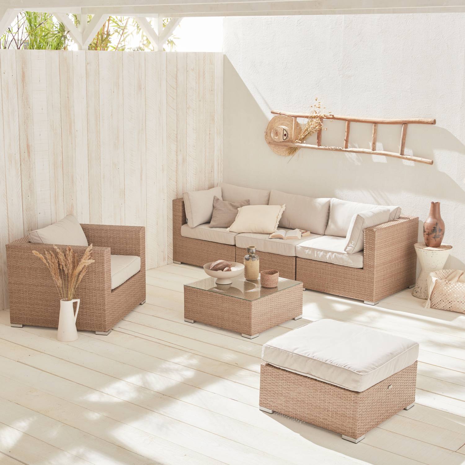 5-seater woven resin garden furniture set, Beige