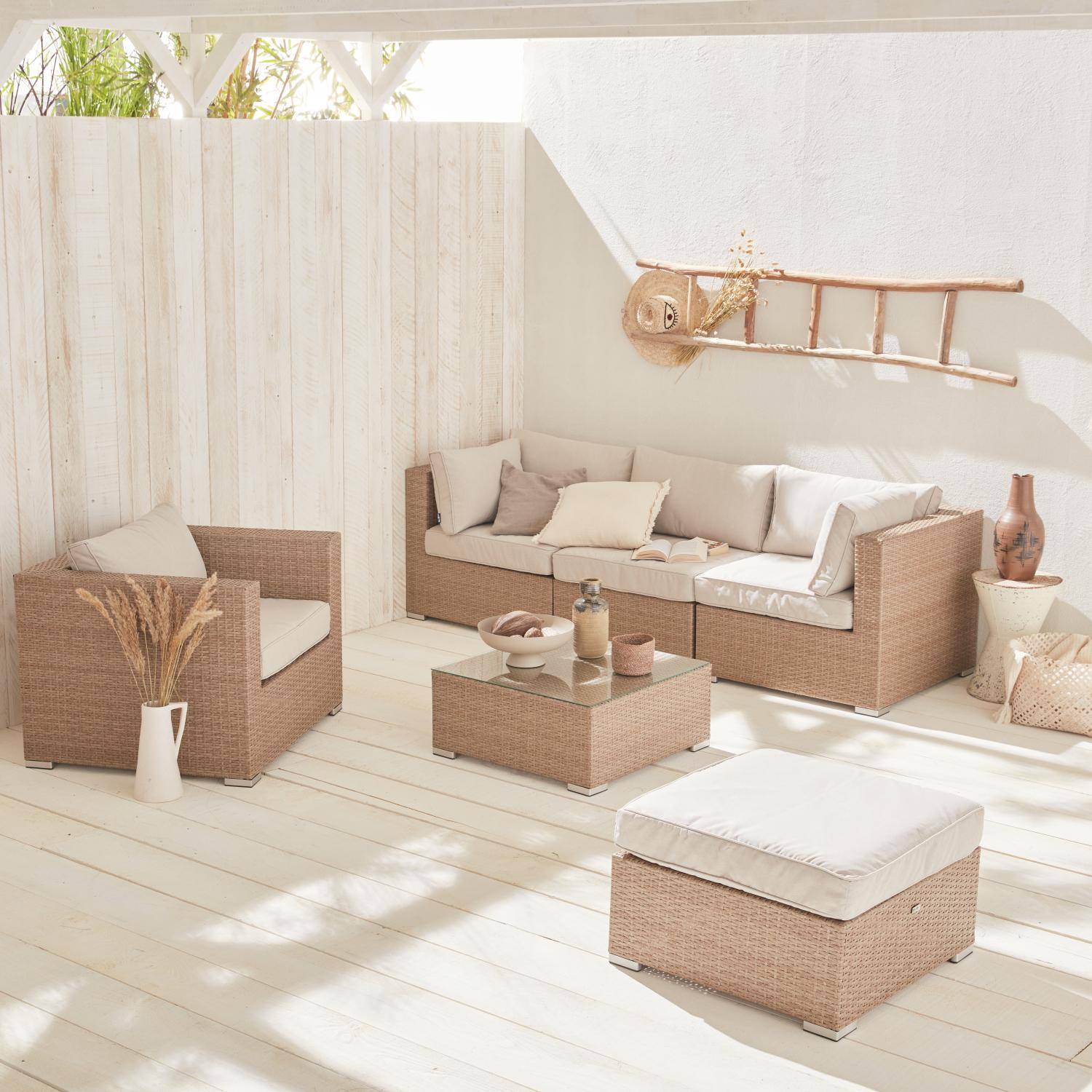 5-seater woven resin garden furniture set, Caligari, Beige, 234x82x67 cm Photo1