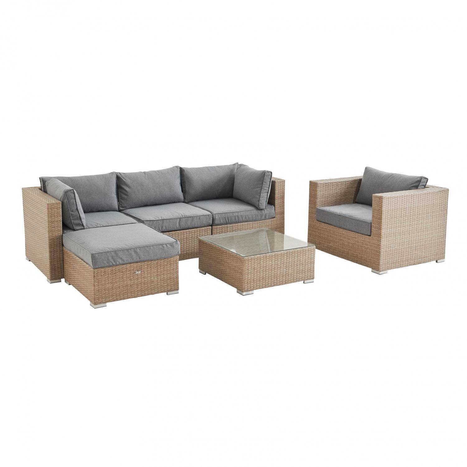 Ready assembled 5-seater polyrattan garden sofa set with coffee table, Beige & Light Heather Grey Photo2