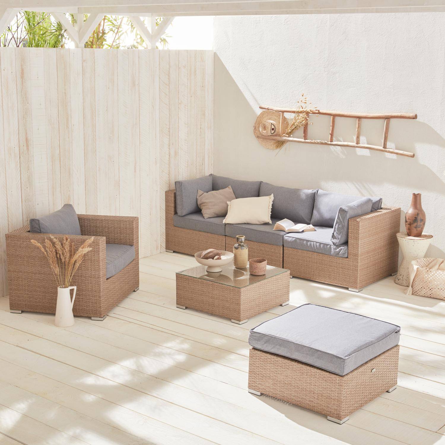 Ready assembled 5-seater polyrattan garden sofa set with coffee table, Beige & Light Heather Grey Photo1