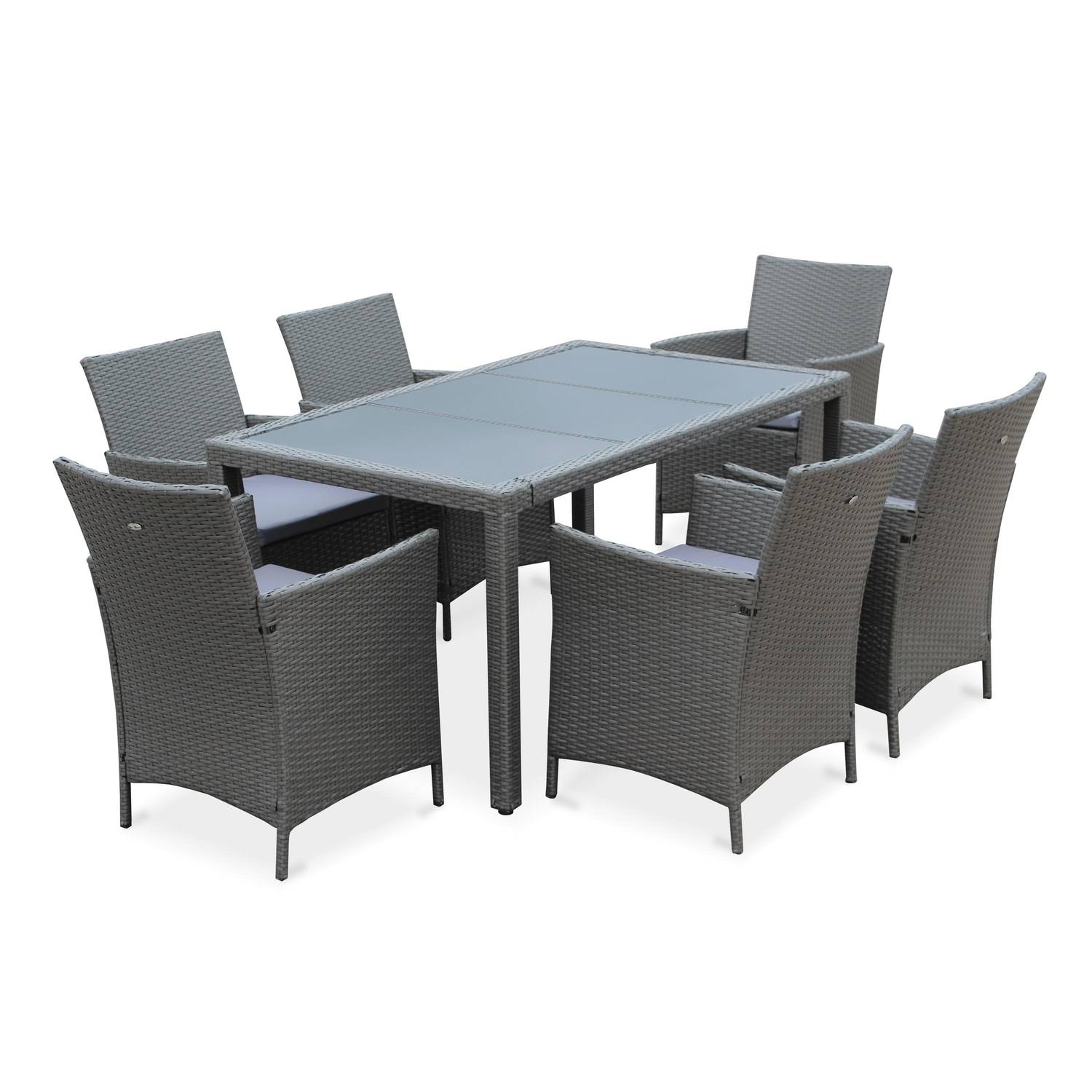 Tavola: 150cm garden table in rattan with 6 chairs, grey Photo1