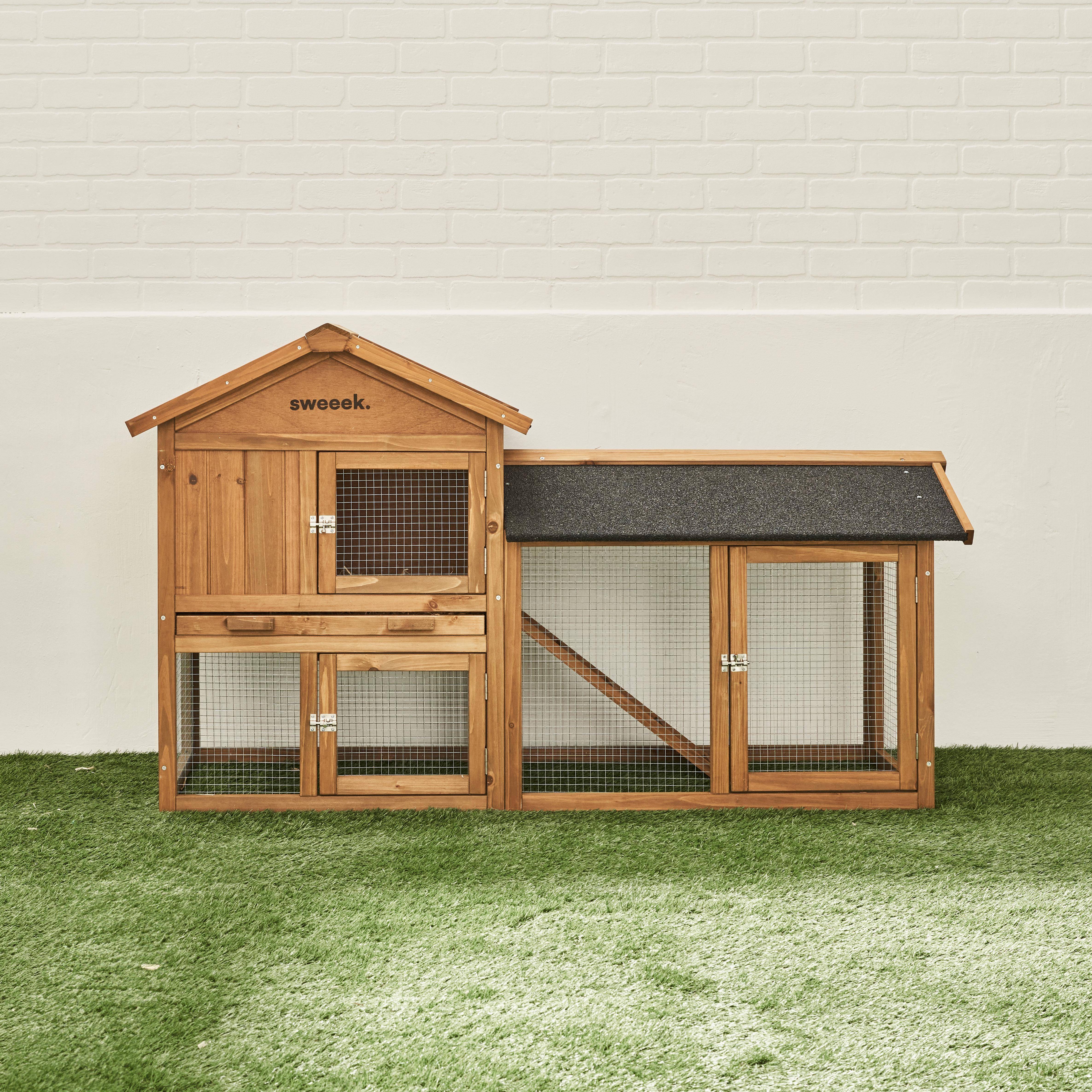 HOTOT Holzhaus für Kaninchen und andere Nagetiere, 4 Kaninchen, Kaninchenkäfig mit Gehege, Innen- und Außenbereich, Hühnerhaus,sweeek,Photo2