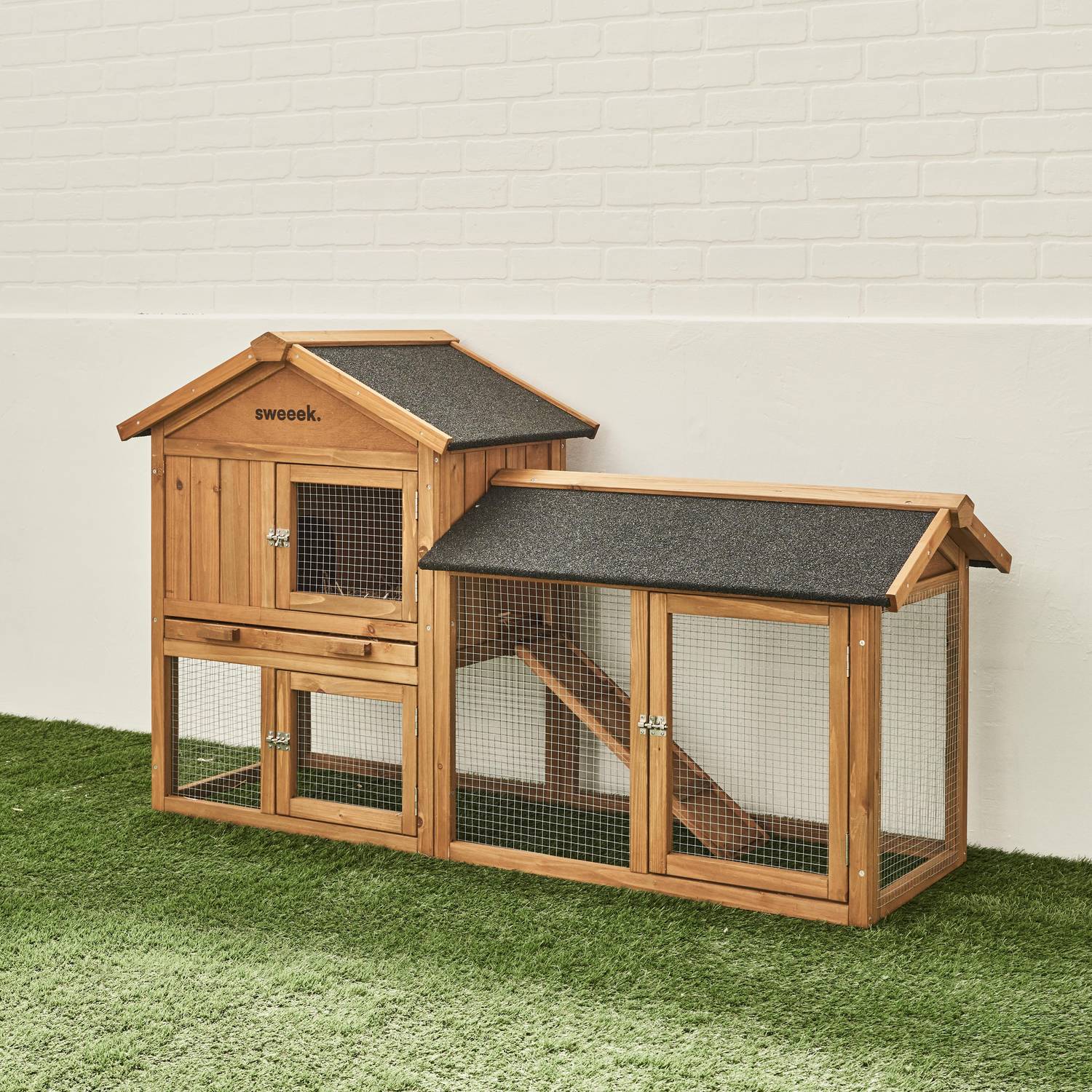 HOTOT Holzhaus für Kaninchen und andere Nagetiere, 4 Kaninchen, Kaninchenkäfig mit Gehege, Innen- und Außenbereich, Hühnerhaus Photo1