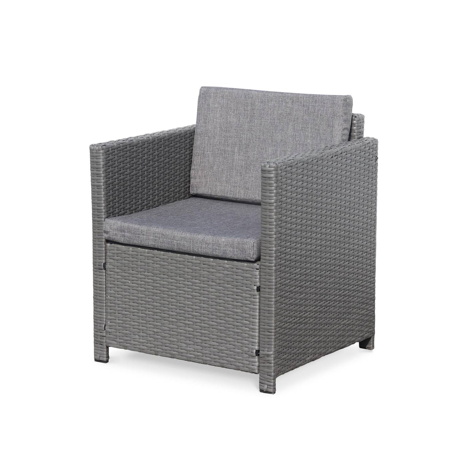 4-seater polyrattan garden sofa set - sofa, 2 armchairs, coffee table - Perugia - Grey rattan, Grey cushions Photo4