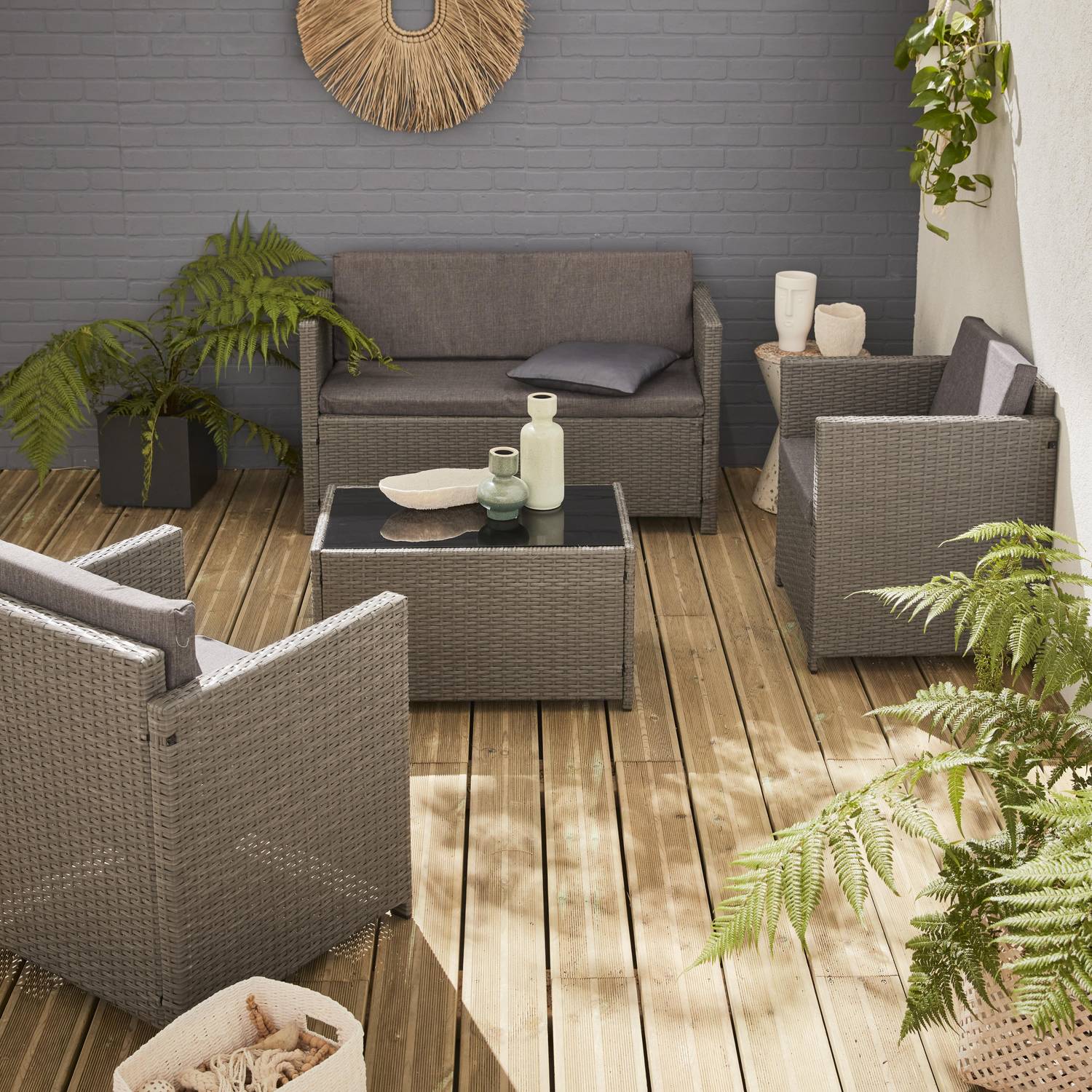 4-seater polyrattan garden sofa set - sofa, 2 armchairs, coffee table - Perugia - Grey rattan, Grey cushions Photo1