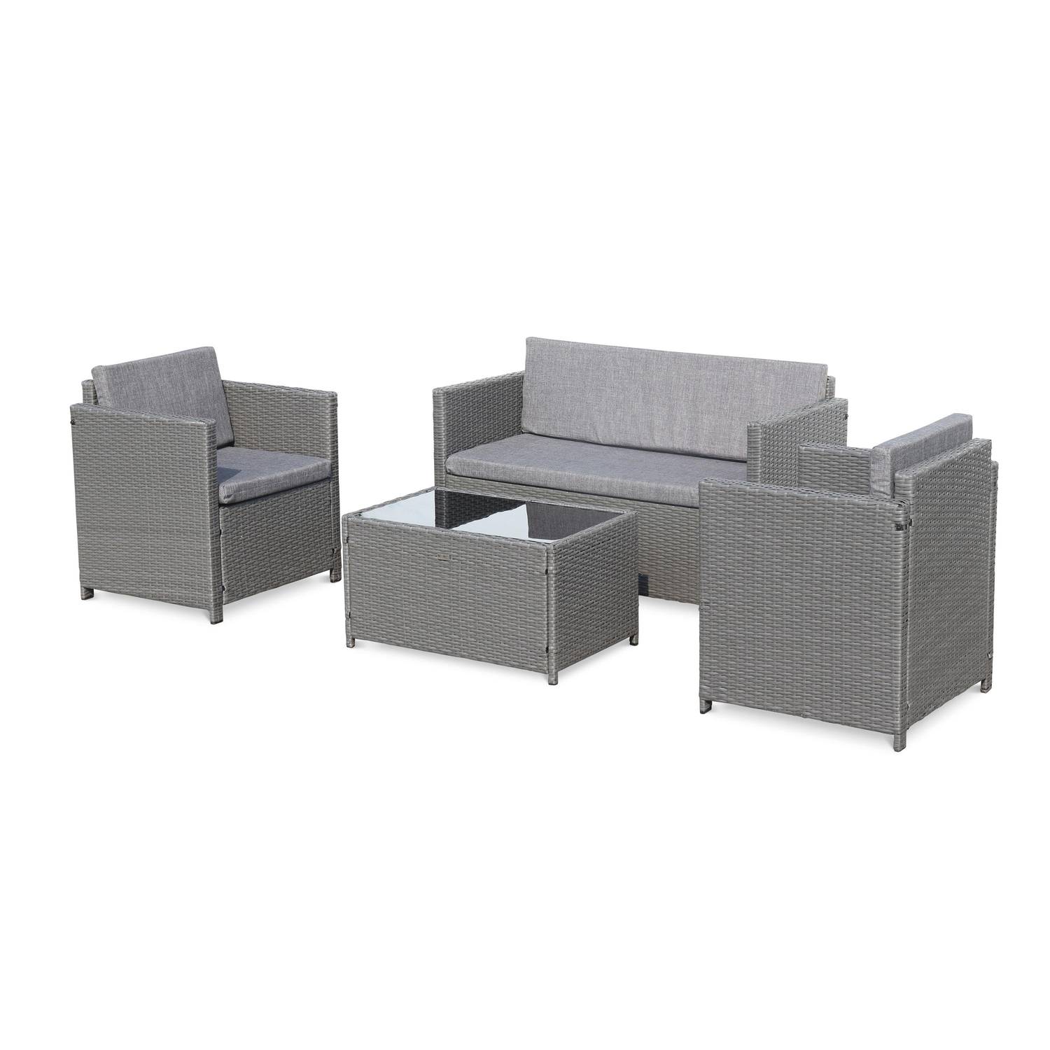 4-seater polyrattan garden sofa set - sofa, 2 armchairs, coffee table - Perugia - Grey rattan, Grey cushions Photo2