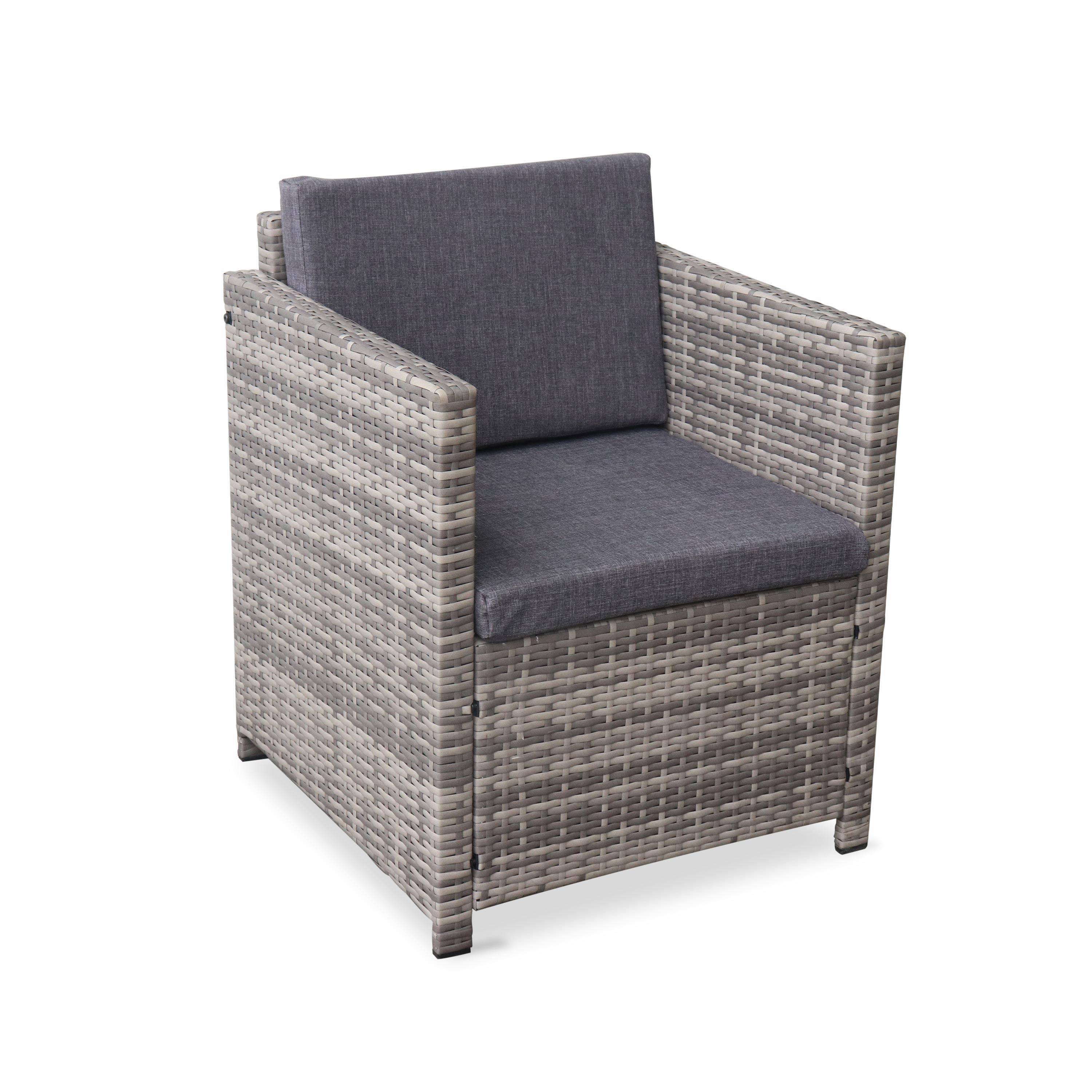 4-seater polyrattan garden sofa set - sofa, 2 armchairs, coffee table - Perugia - Mixed Grey rattan, Grey cushions,sweeek,Photo4
