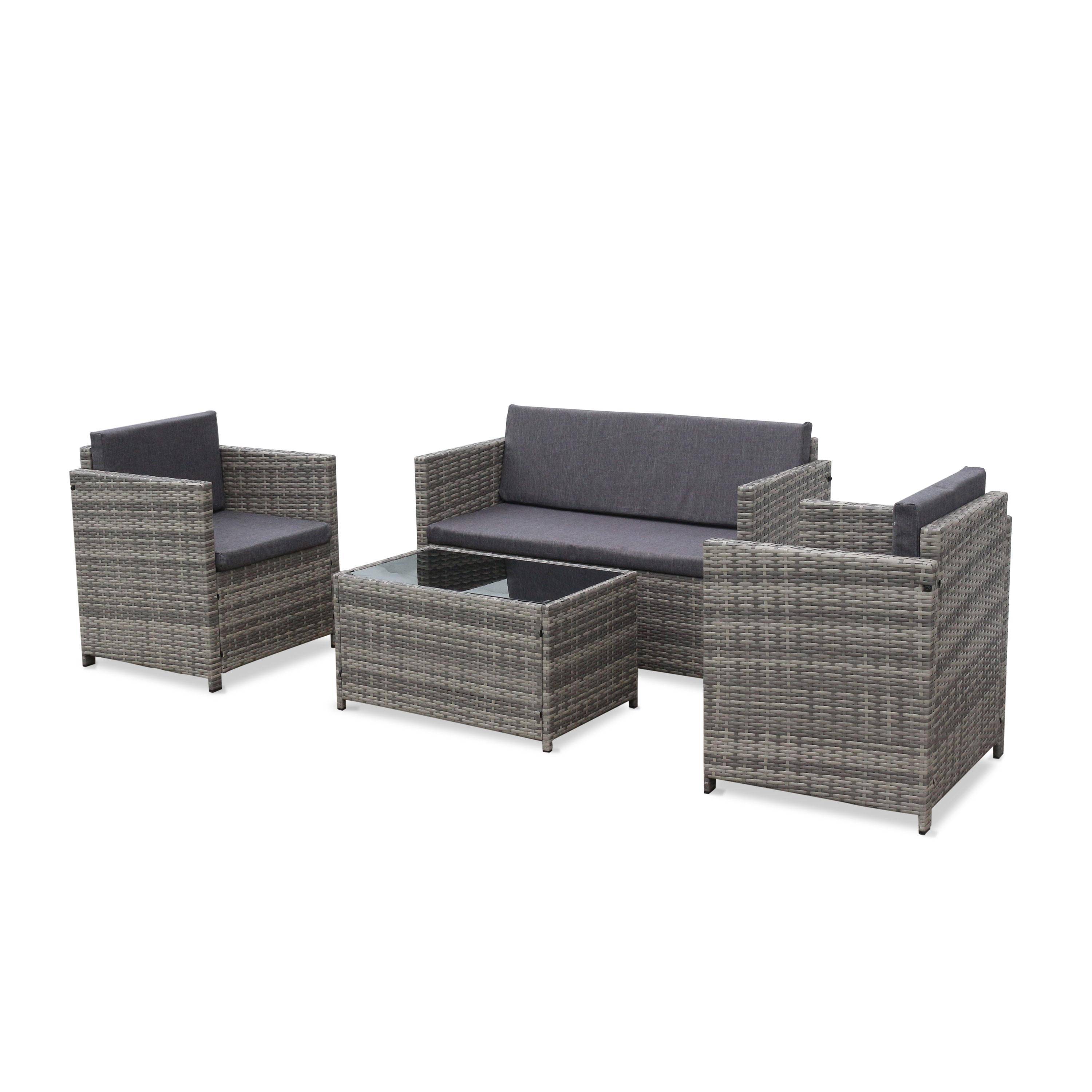 4-seater polyrattan garden sofa set - sofa, 2 armchairs, coffee table - Perugia - Mixed Grey rattan, Grey cushions,sweeek,Photo2