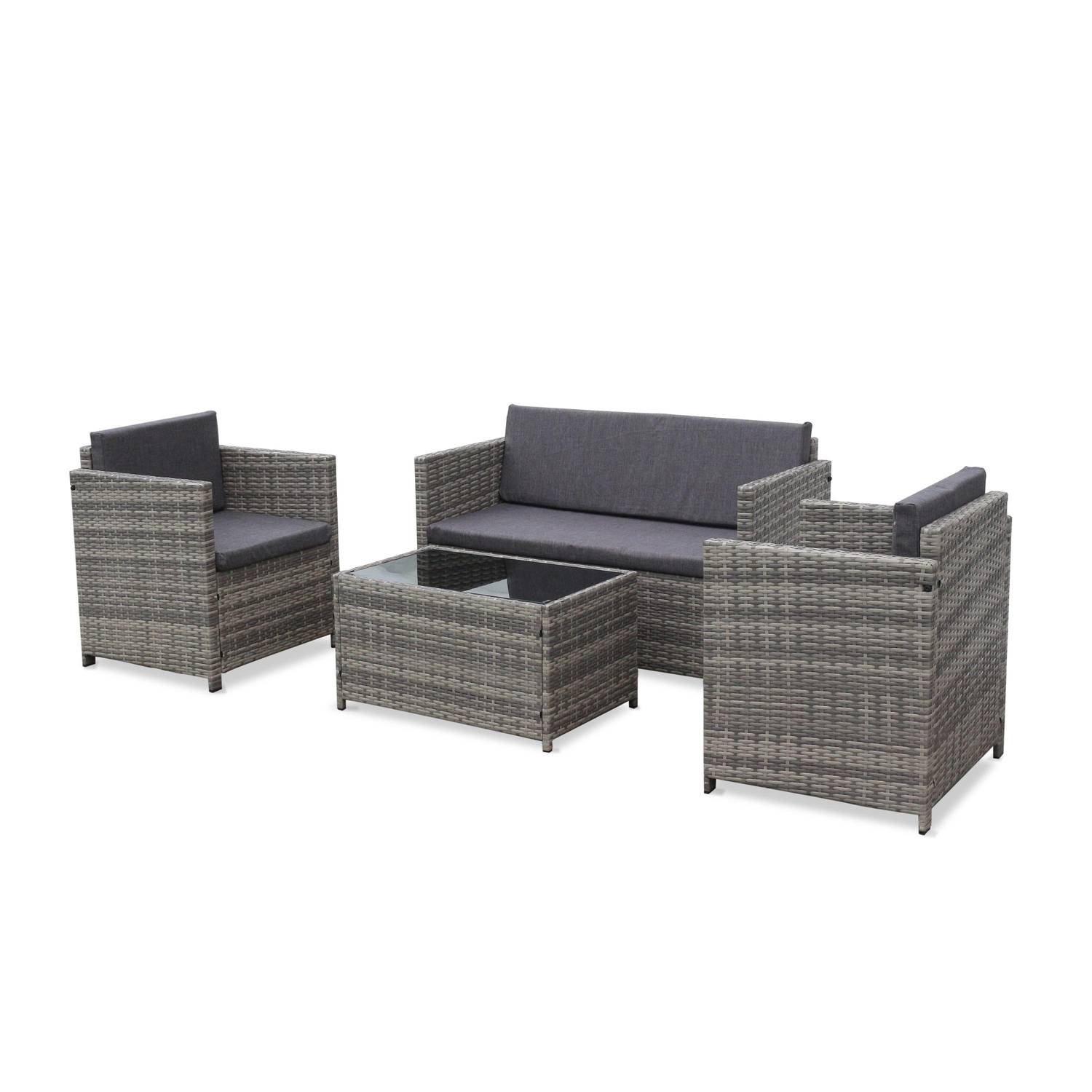 4-seater polyrattan garden sofa set - sofa, 2 armchairs, coffee table - Perugia - Mixed Grey rattan, Grey cushions Photo1
