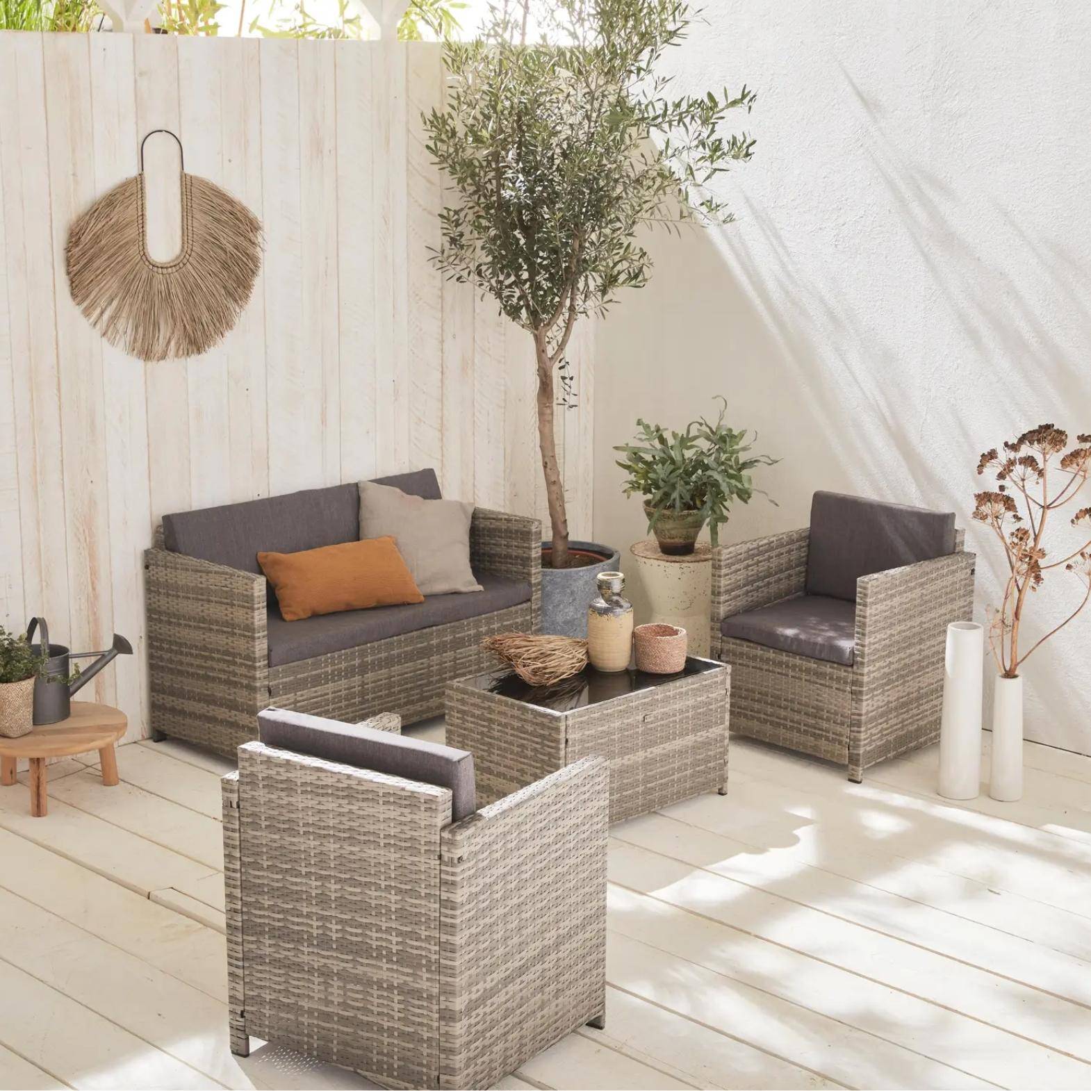 4-seater polyrattan garden sofa set - sofa, 2 armchairs, coffee table - Perugia - Mixed Grey rattan, Grey cushions,sweeek,Photo1