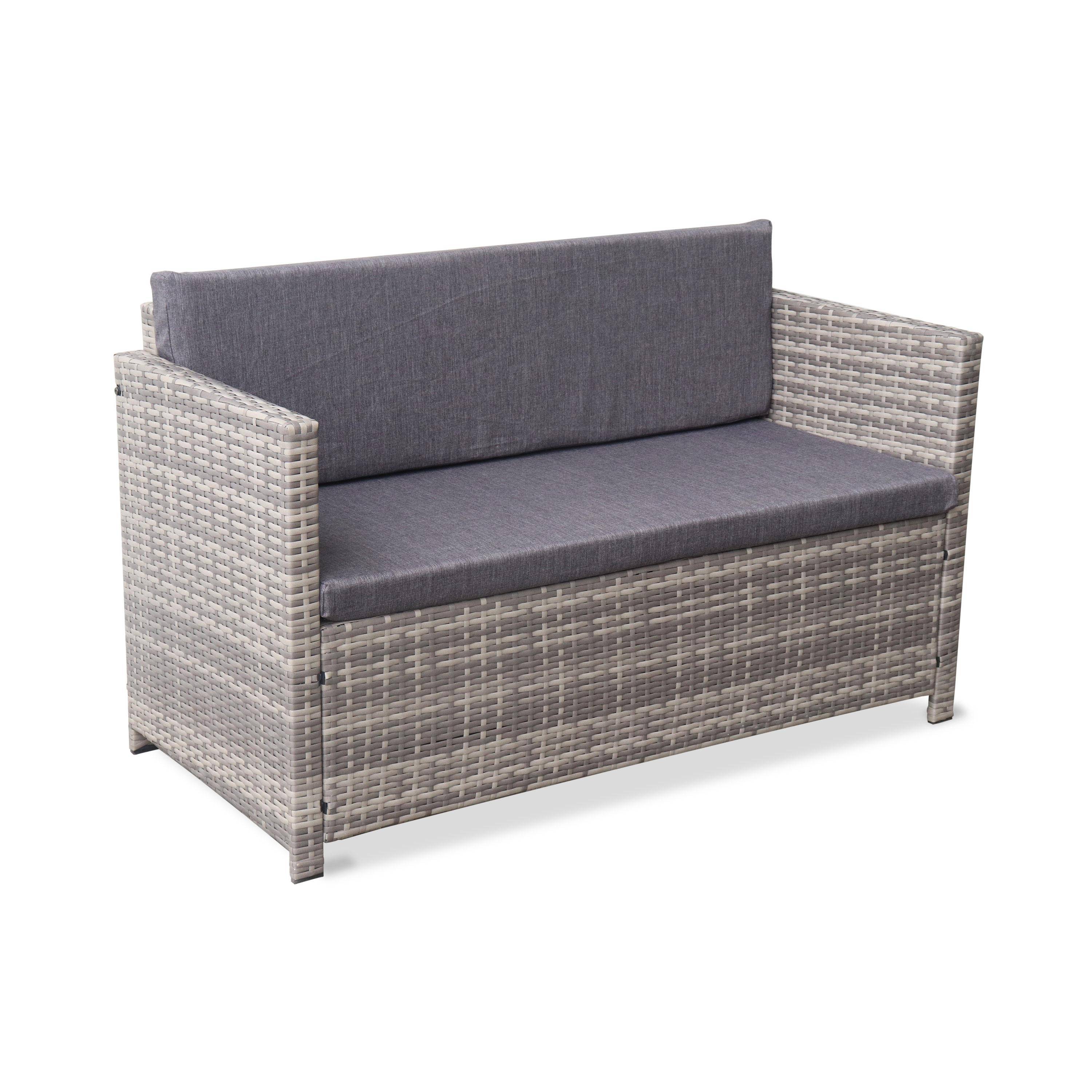 4-seater polyrattan garden sofa set - sofa, 2 armchairs, coffee table - Perugia - Mixed Grey rattan, Grey cushions,sweeek,Photo3