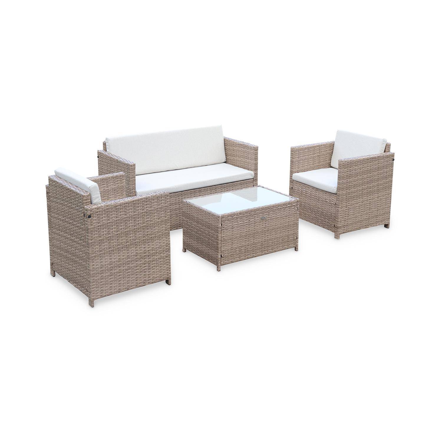 4-seater polyrattan garden sofa set - sofa, 2 armchairs, coffee table - Perugia - Natural Beige rattan, Beige cushions,sweeek,Photo3