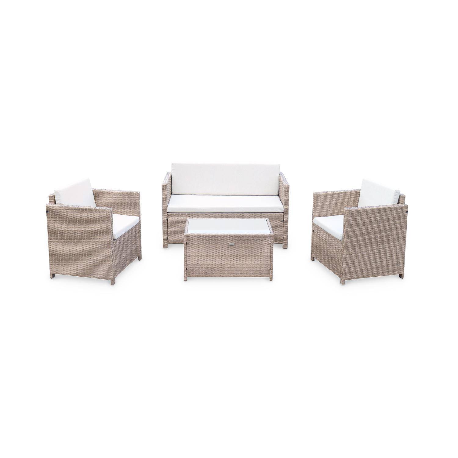 4-seater polyrattan garden sofa set - sofa, 2 armchairs, coffee table - Perugia - Natural Beige rattan, Beige cushions,sweeek,Photo4