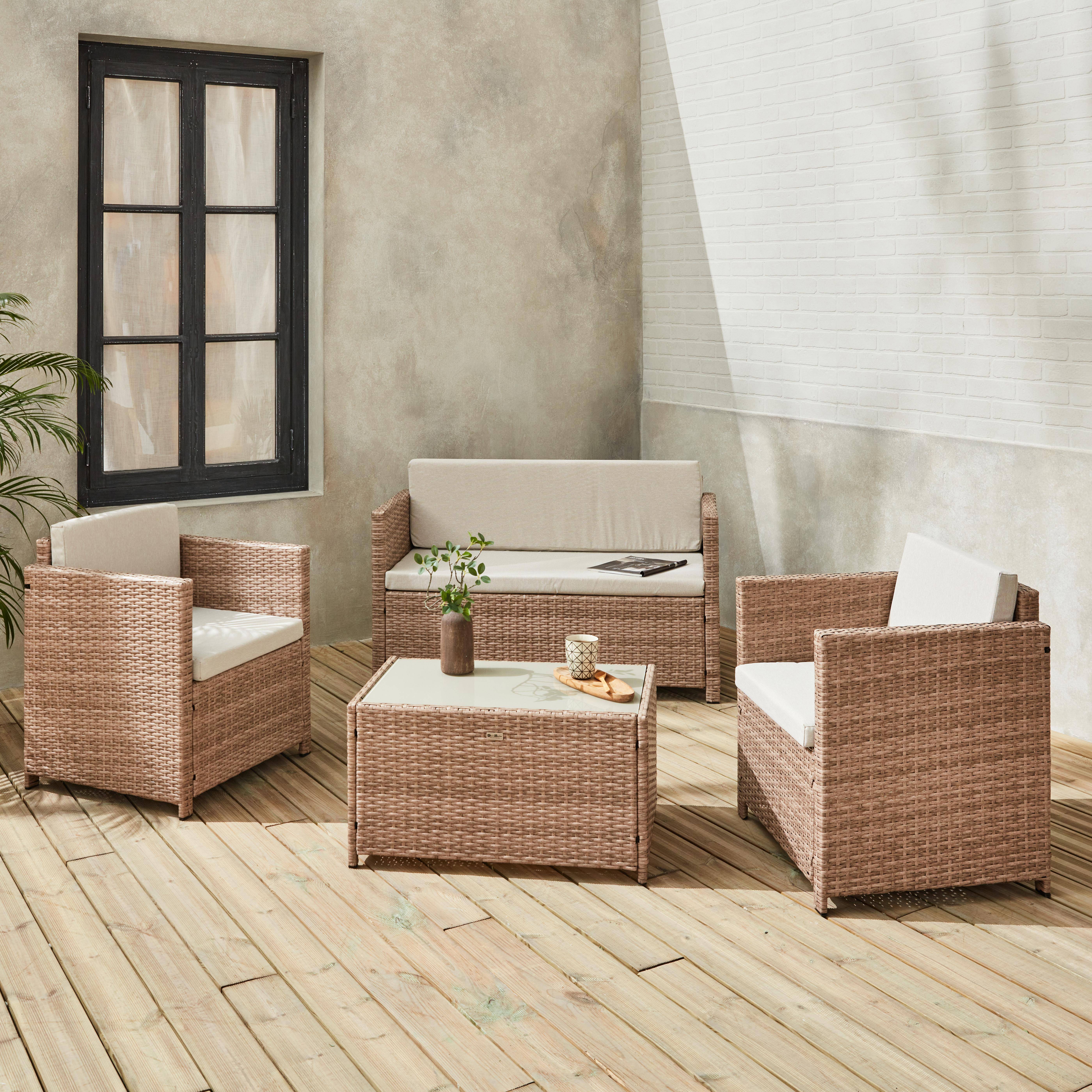 4-seater polyrattan garden sofa set - sofa, 2 armchairs, coffee table - Perugia - Natural Beige rattan, Beige cushions,sweeek,Photo2