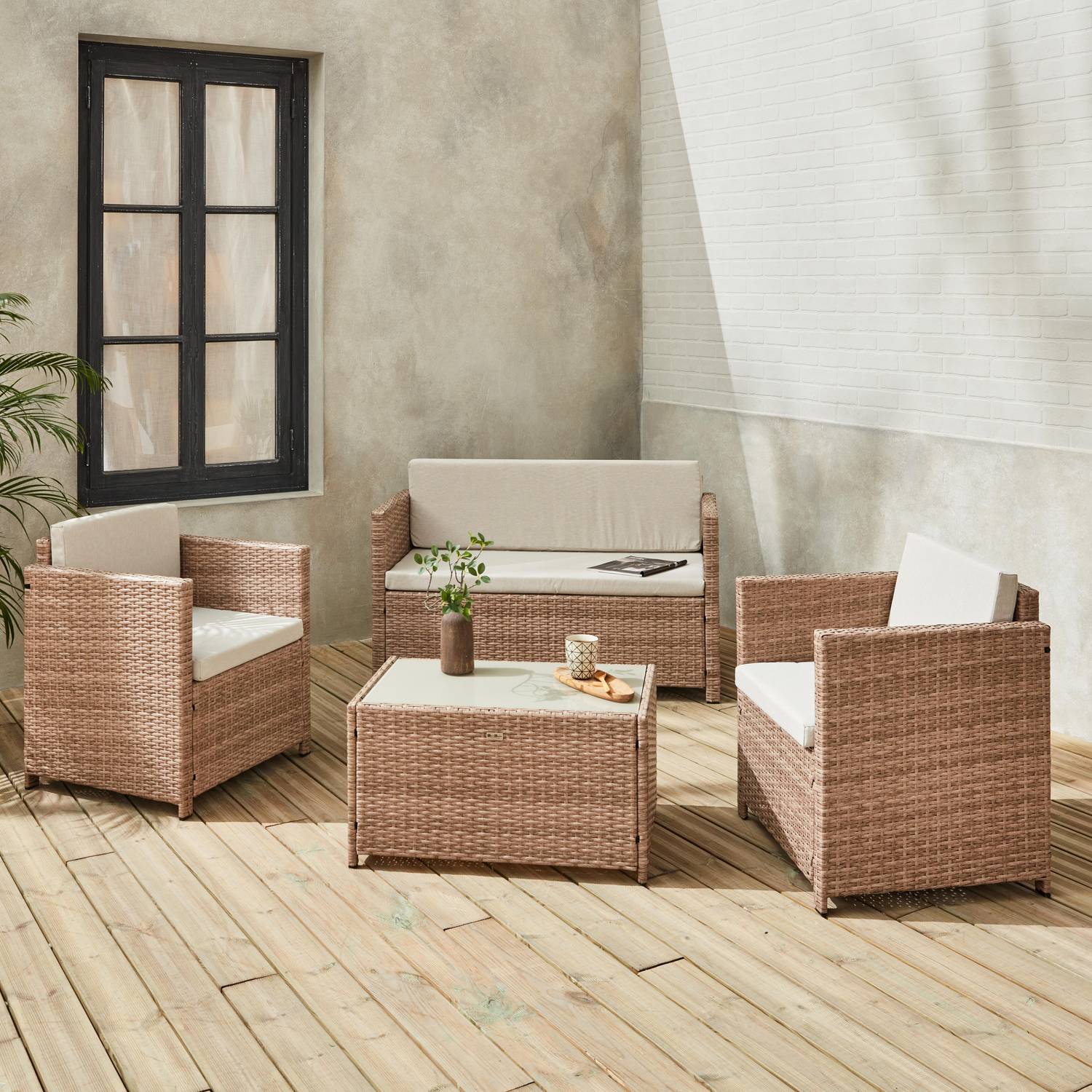 4-seater polyrattan garden sofa set - sofa, 2 armchairs, coffee table - Perugia - Natural Beige rattan, Beige cushions Photo2