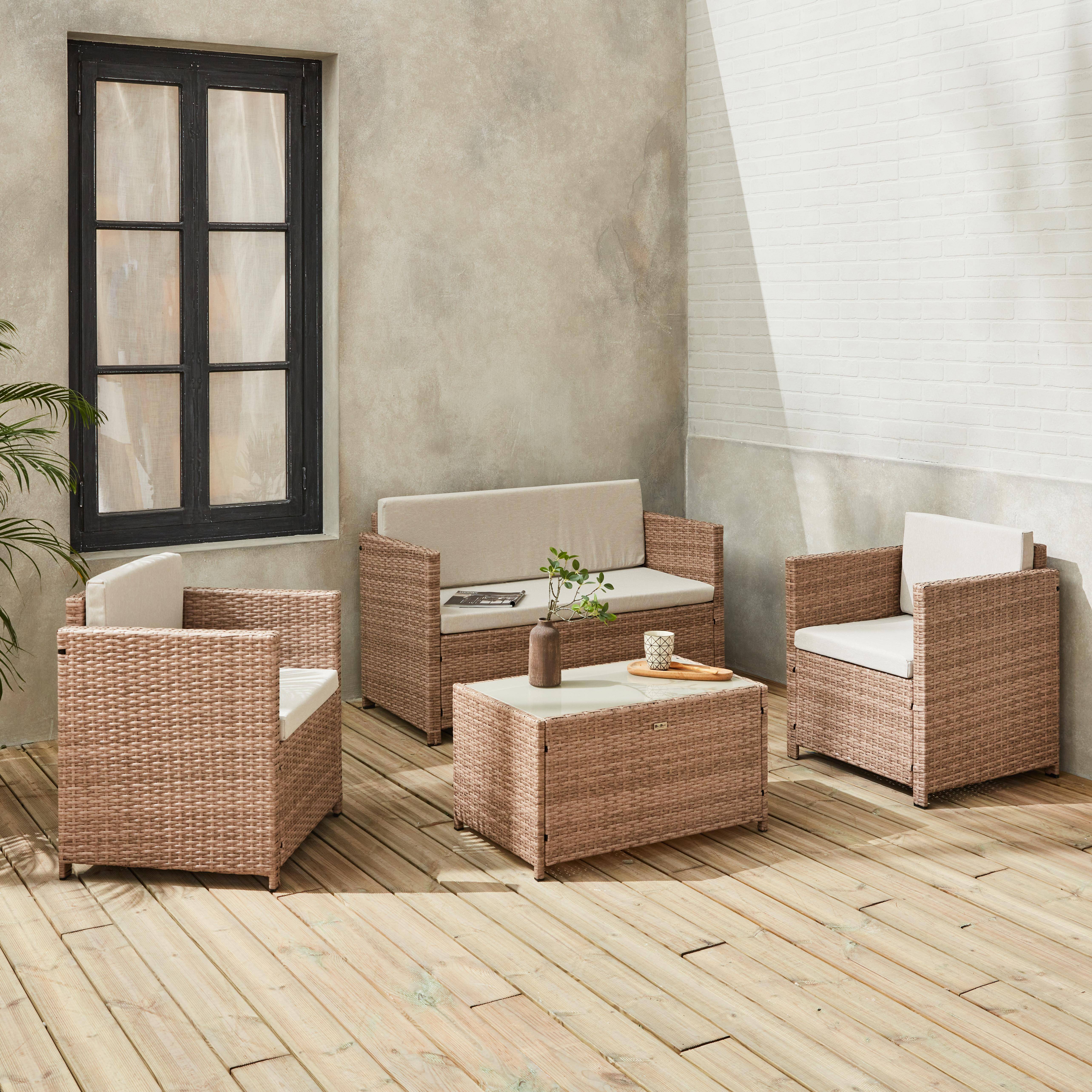 4-seater polyrattan garden sofa set - sofa, 2 armchairs, coffee table - Perugia - Natural Beige rattan, Beige cushions,sweeek,Photo1