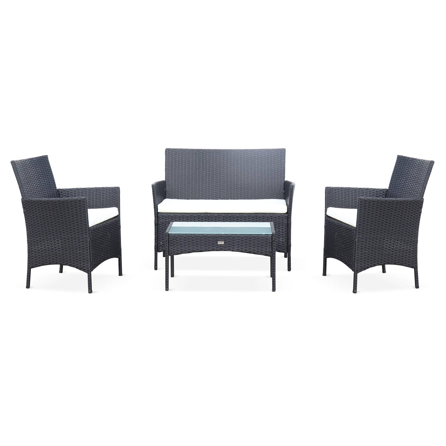 4-seater polyrattan garden sofa set - sofa, 2 armchairs, coffee table - Moltes - Black rattan, Off-white cushions Photo6