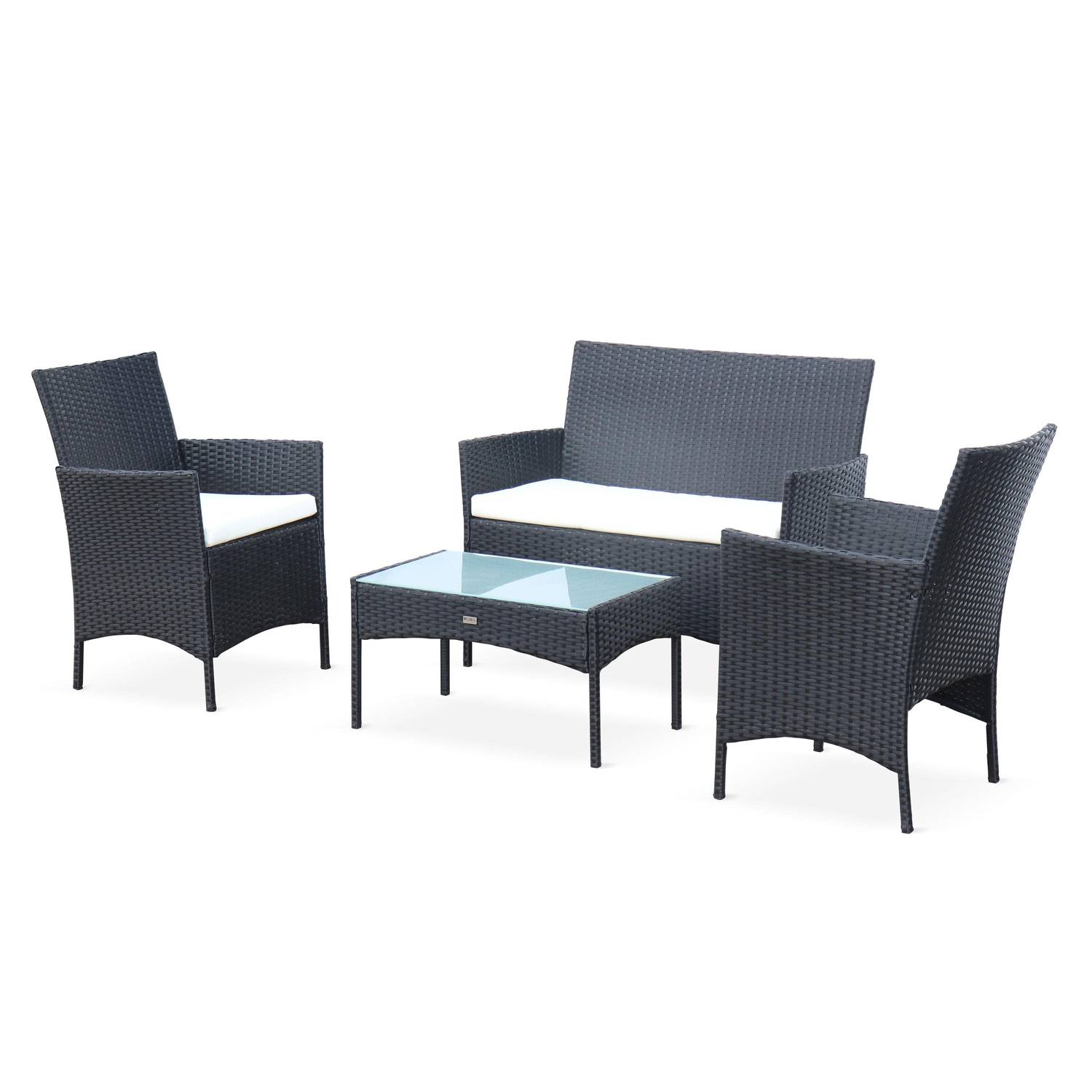 4-seater polyrattan garden sofa set - sofa, 2 armchairs, coffee table - Moltes - Black rattan, Off-white cushions Photo1