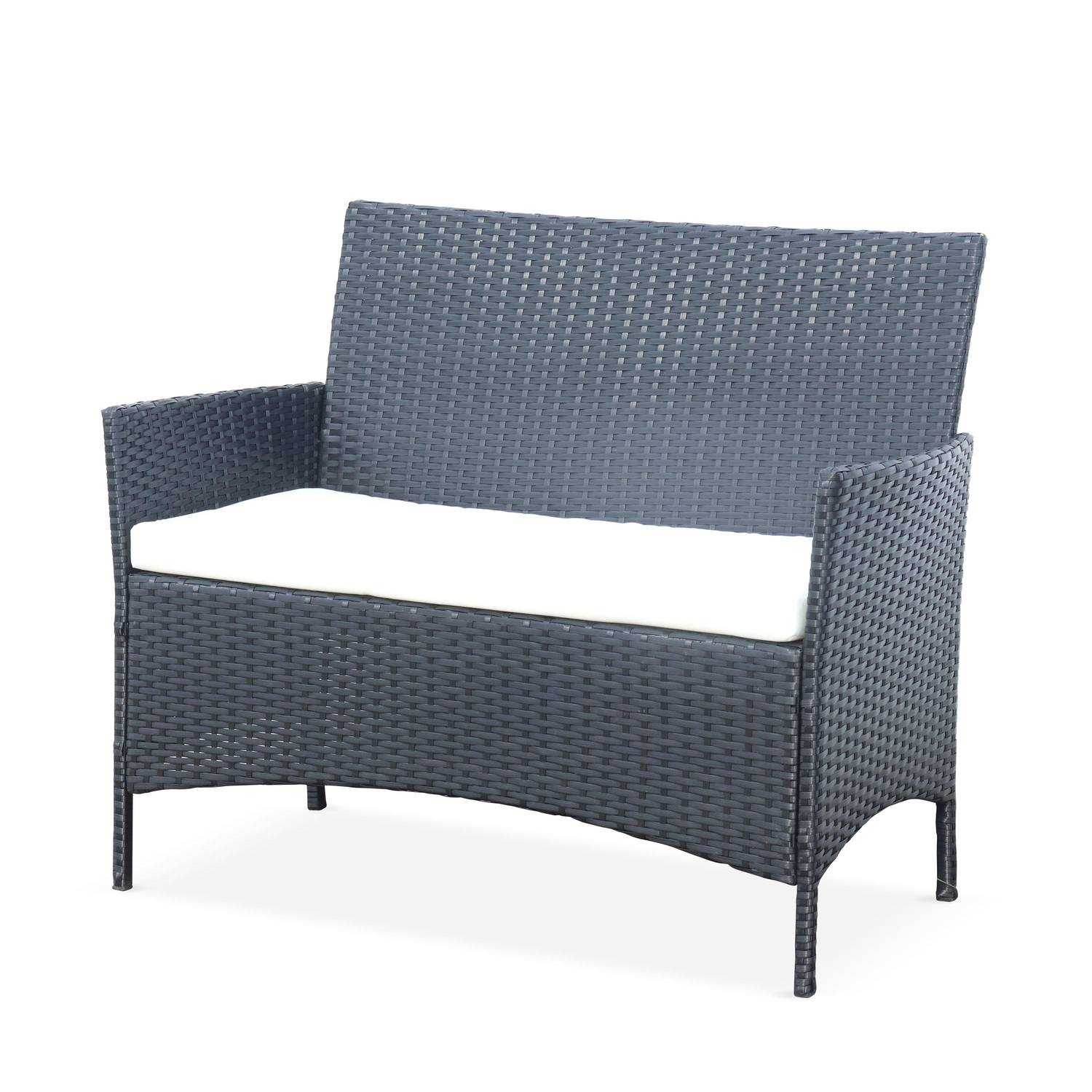 4-seater polyrattan garden sofa set - sofa, 2 armchairs, coffee table - Moltes - Black rattan, Off-white cushions Photo2