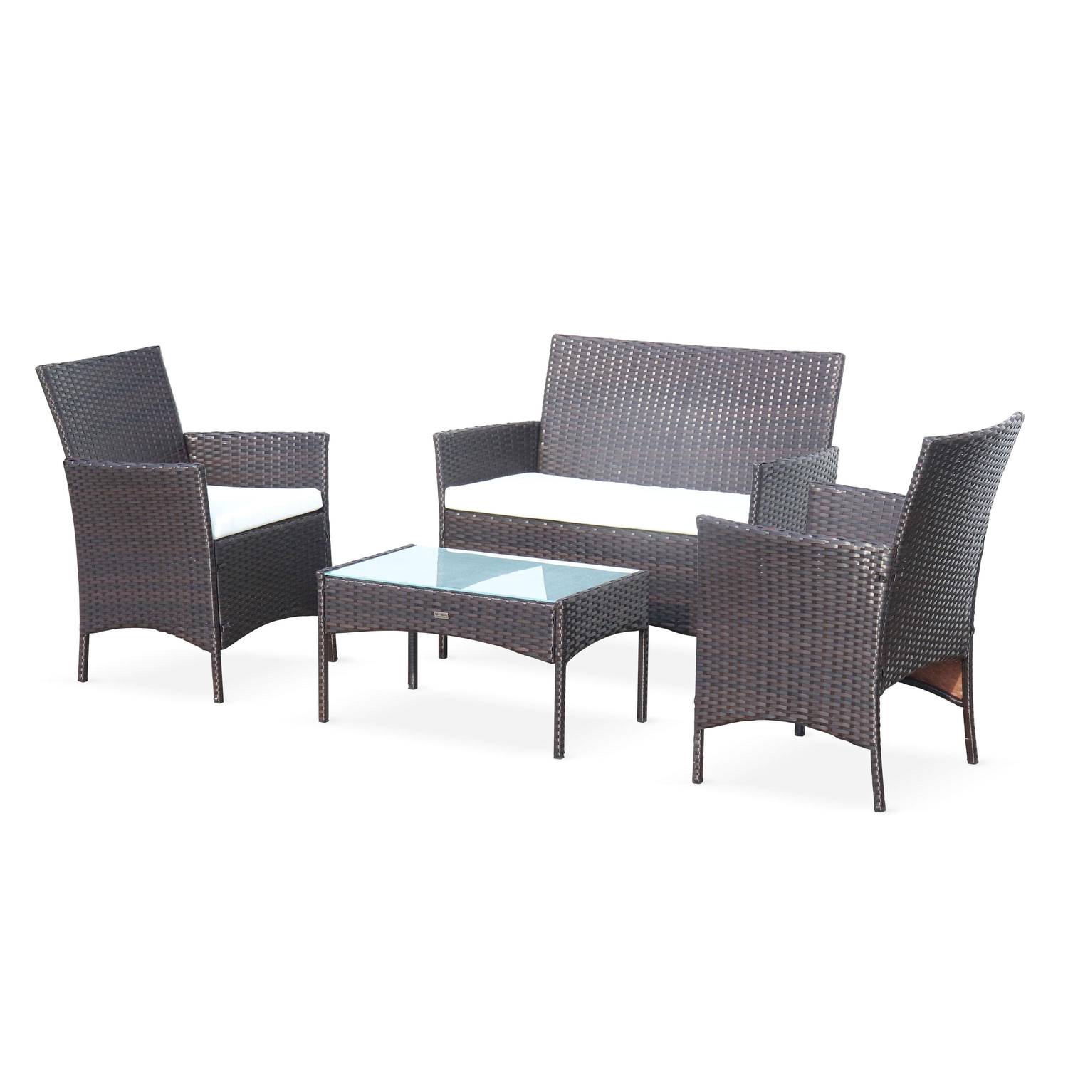 4-seater polyrattan garden sofa set - sofa, 2 armchairs, coffee table - Moltes - Brown rattan, Off-white cushions Photo2