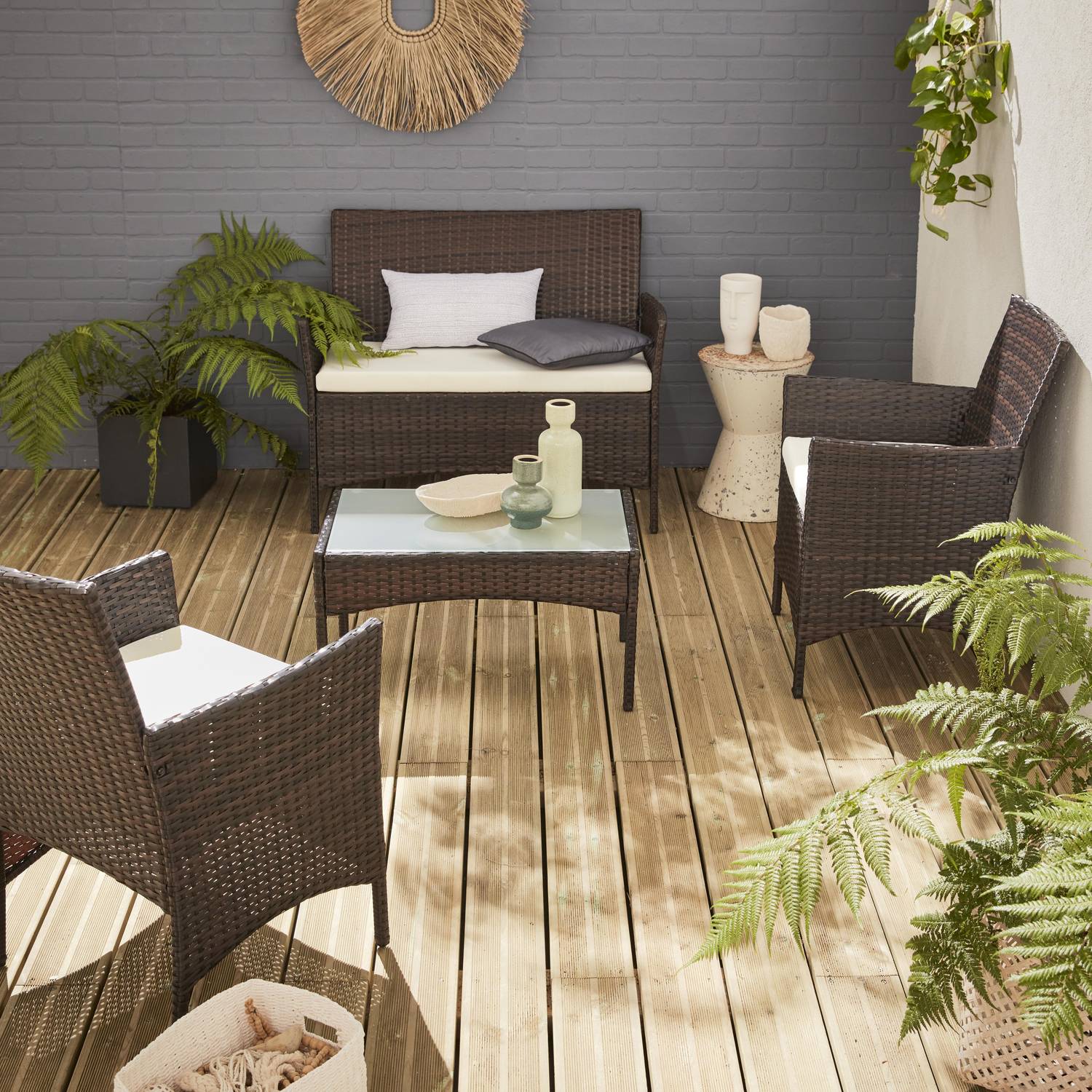 4-seater polyrattan garden sofa set - sofa, 2 armchairs, coffee table - Moltes - Brown rattan, Off-white cushions Photo1