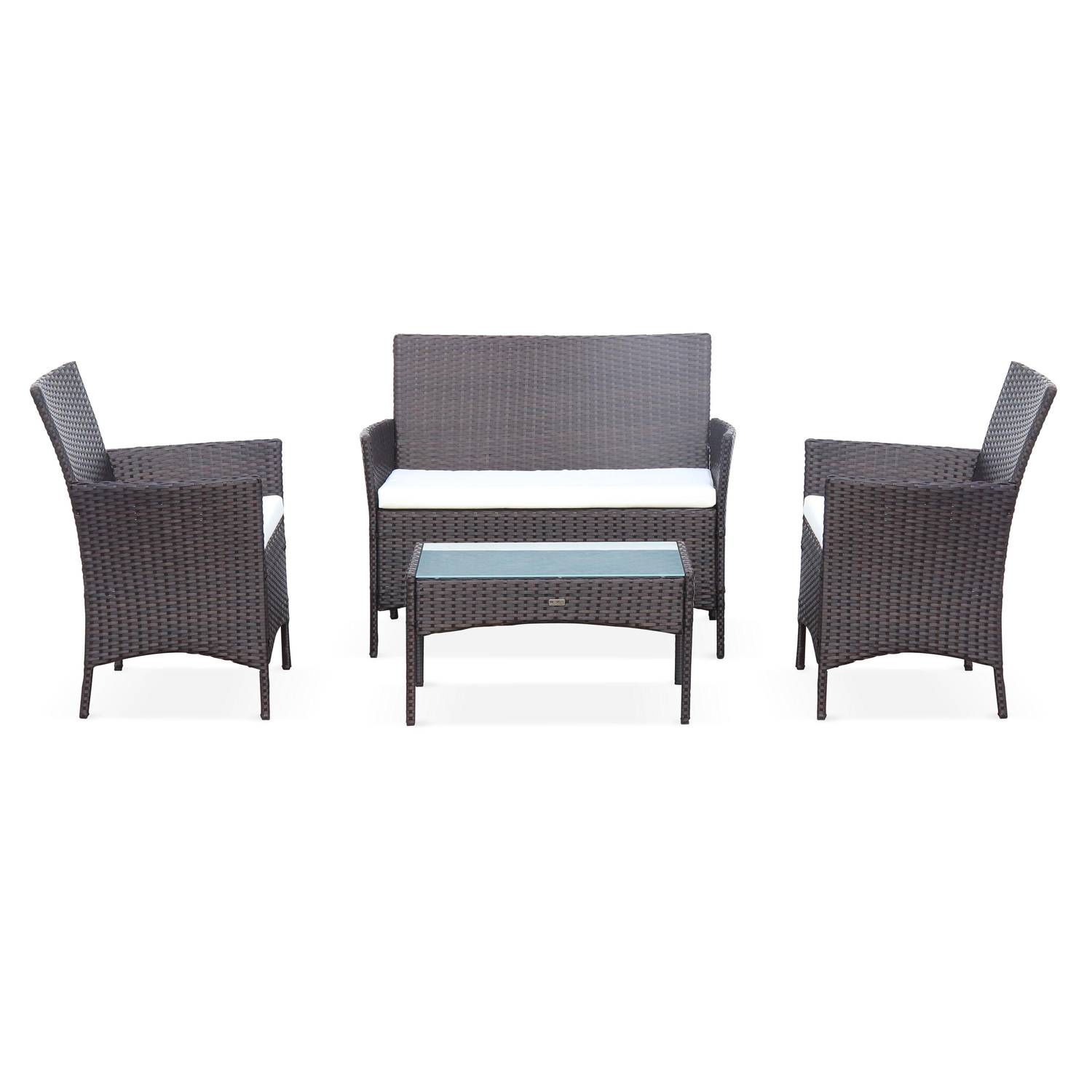 4-seater polyrattan garden sofa set - sofa, 2 armchairs, coffee table - Moltes - Brown rattan, Off-white cushions Photo3