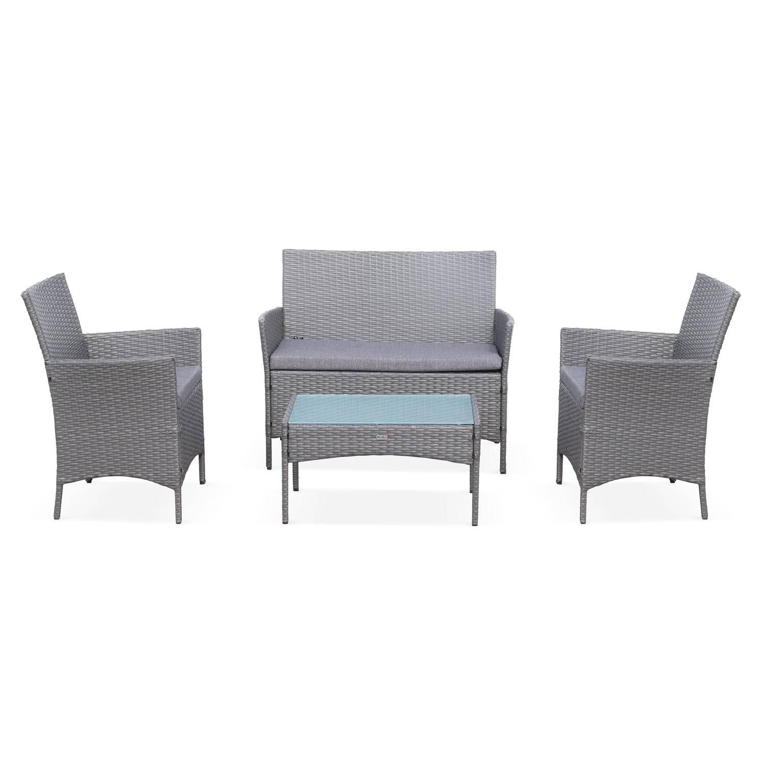 4-seater polyrattan garden sofa set - sofa, 2 armchairs, coffee table - Moltes - Grey rattan, Grey cushions Photo2