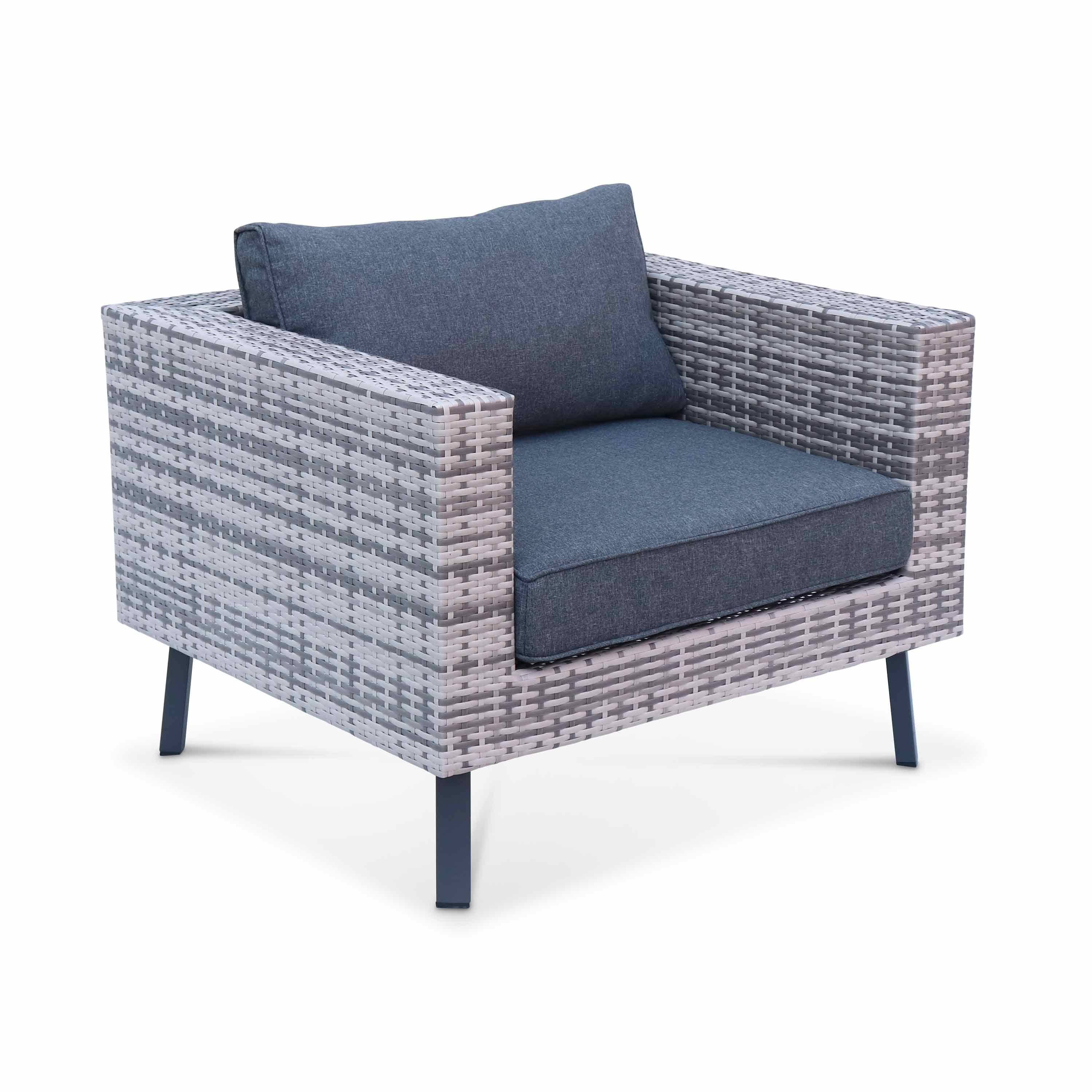 5-seater elevated polyrattan garden sofa set with stylish legs - sofa, 2 armchairs, footrest, coffee table - Alba - Mixed Grey rattan, Charcoal Grey cushions ,sweeek,Photo2
