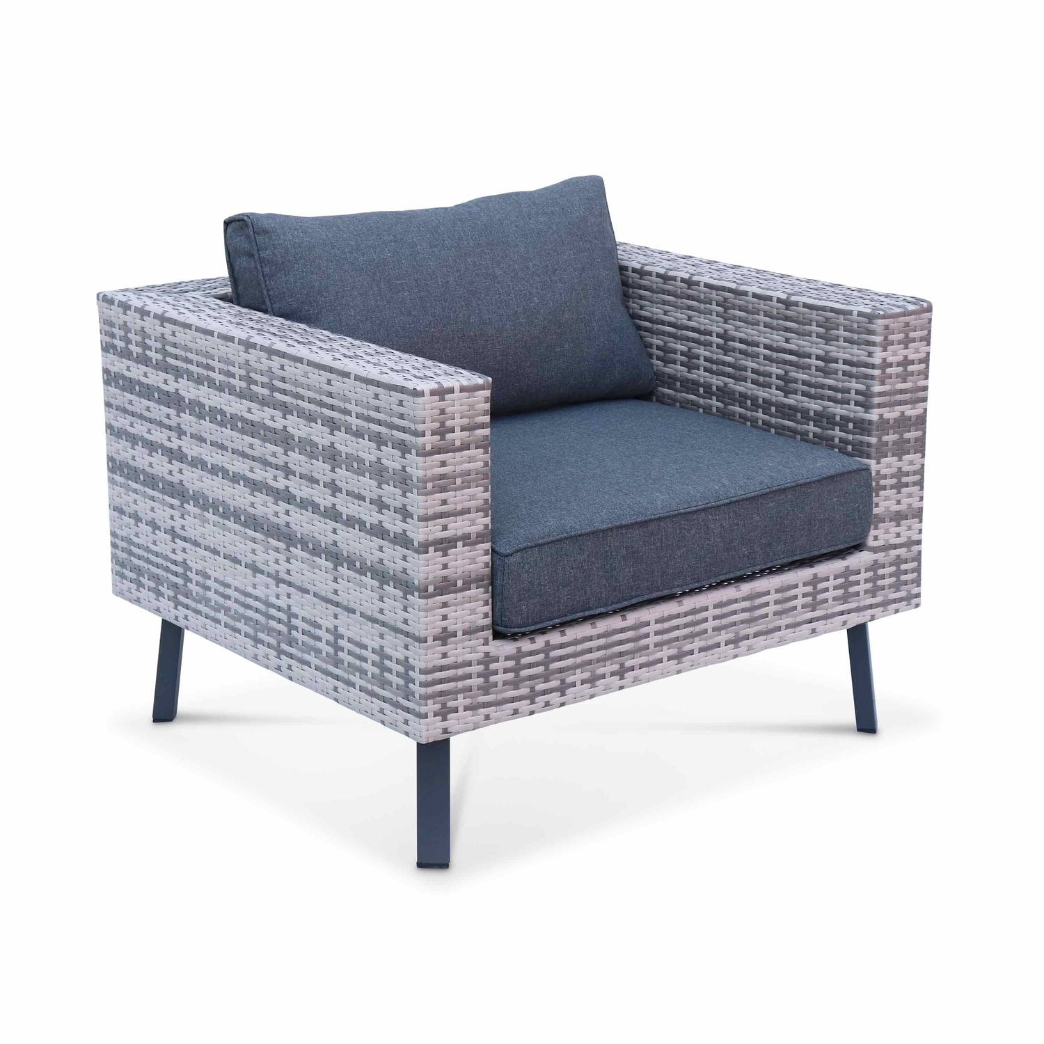 5-seater elevated polyrattan garden sofa set with stylish legs - sofa, 2 armchairs, footrest, coffee table - Alba - Mixed Grey rattan, Charcoal Grey cushions  Photo2