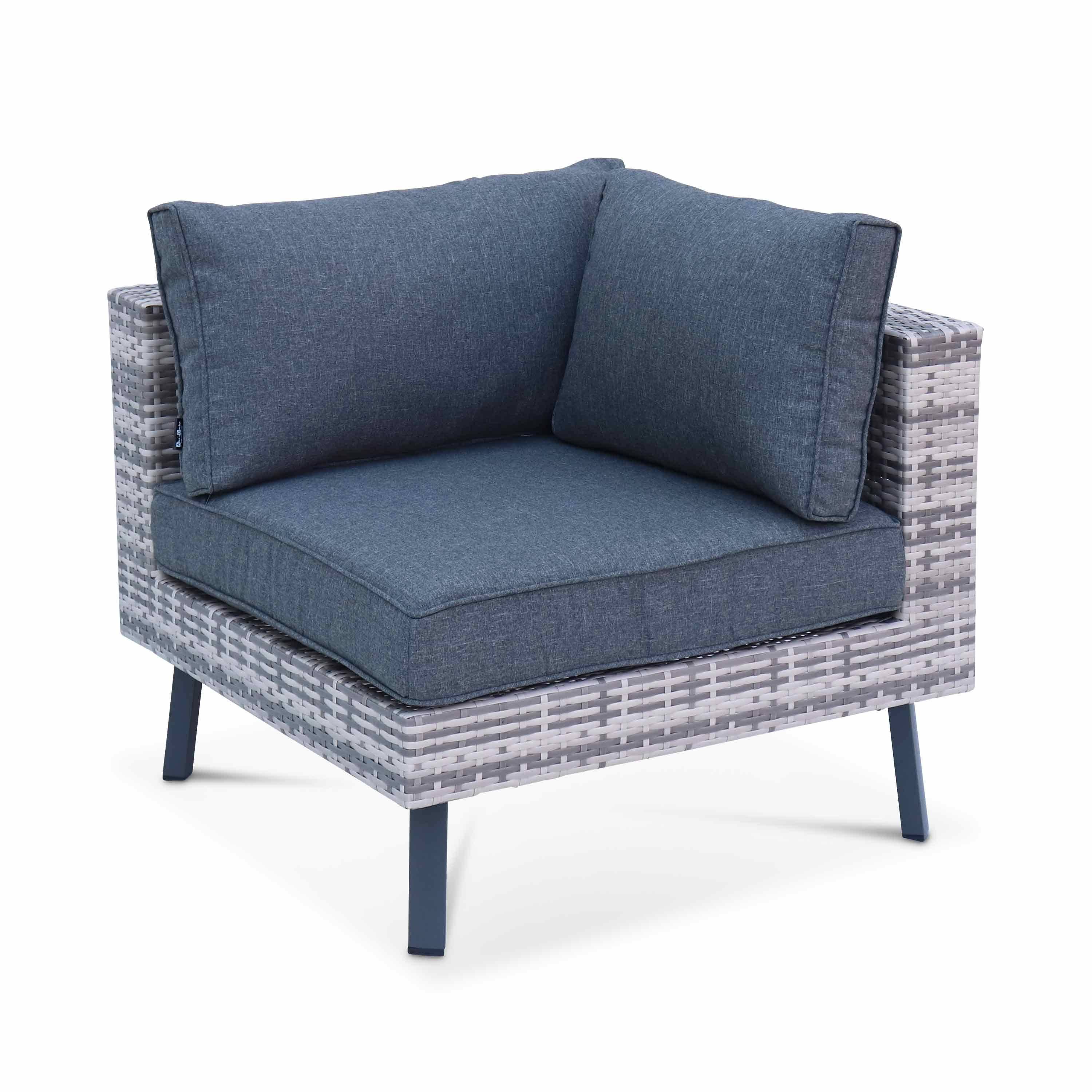 5-seater elevated polyrattan garden sofa set with stylish legs - sofa, 2 armchairs, footrest, coffee table - Alba - Mixed Grey rattan, Charcoal Grey cushions ,sweeek,Photo7