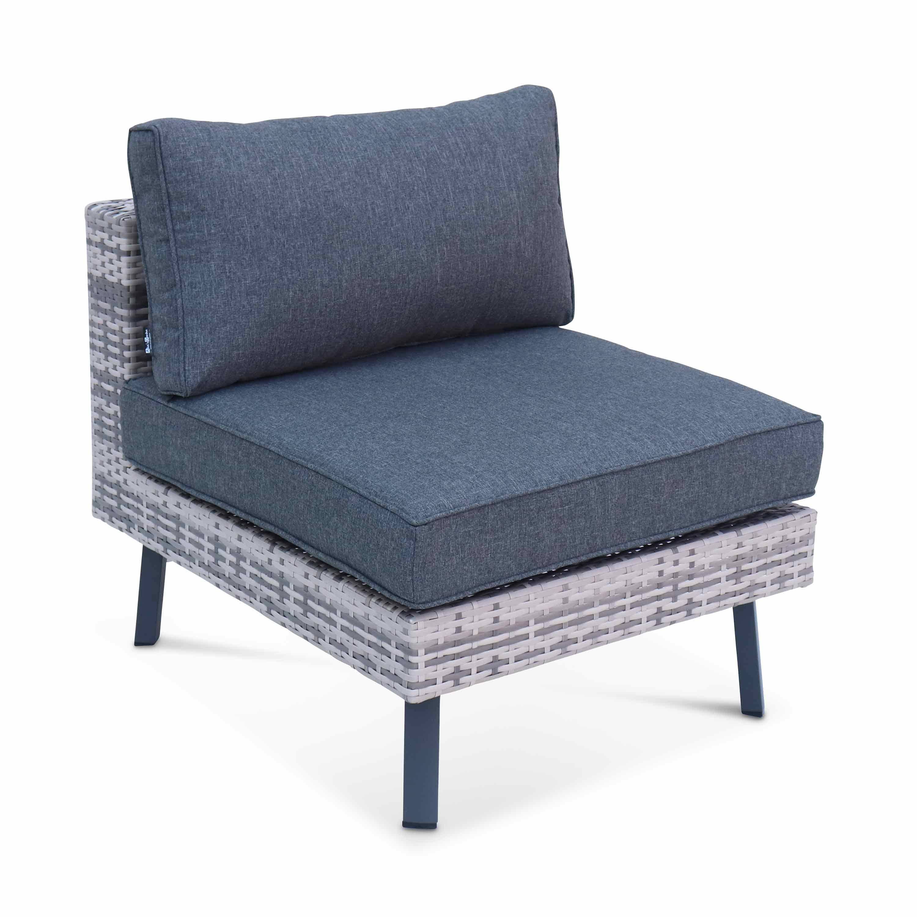 5-seater elevated polyrattan garden sofa set with stylish legs - sofa, 2 armchairs, footrest, coffee table - Alba - Mixed Grey rattan, Charcoal Grey cushions ,sweeek,Photo4
