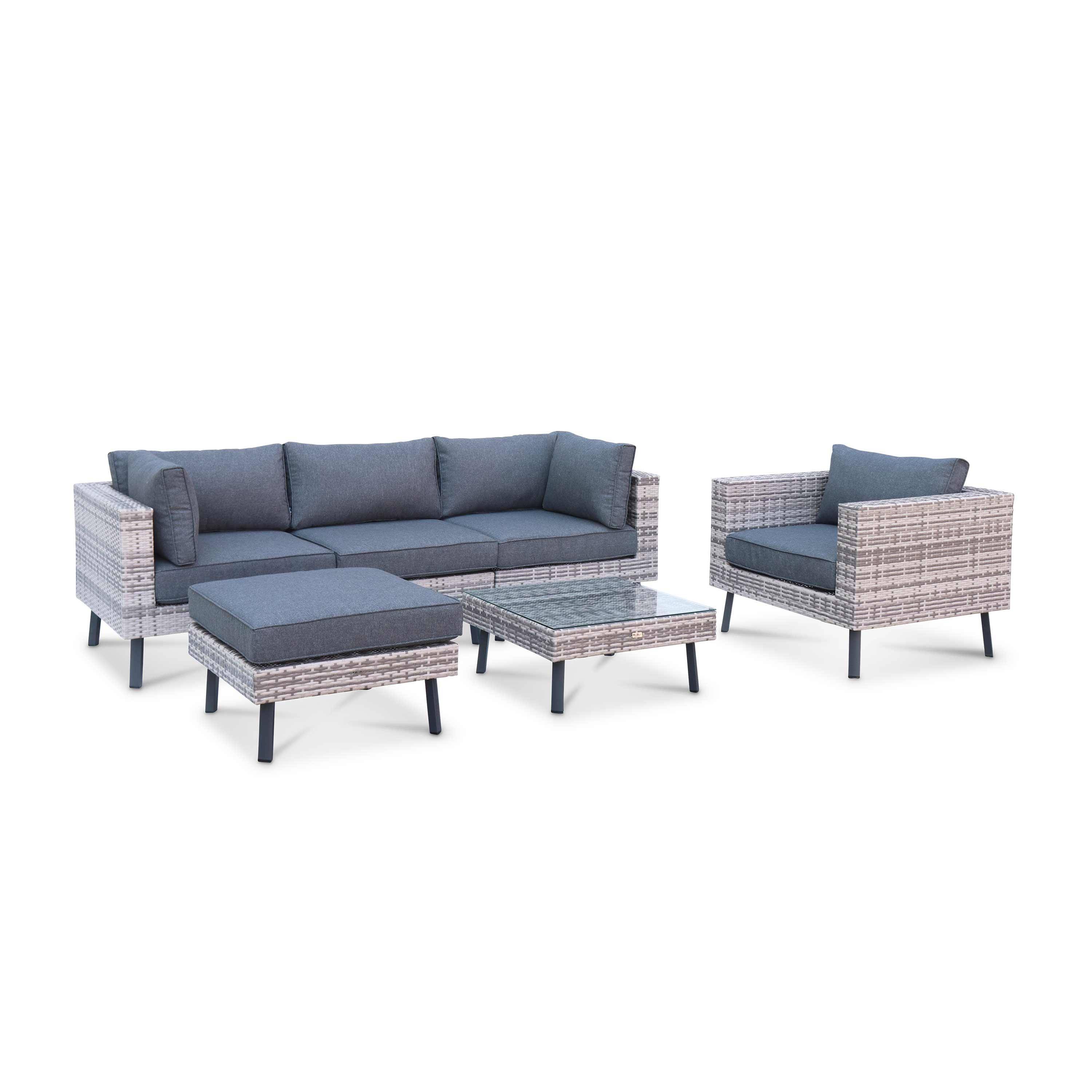 5-seater elevated polyrattan garden sofa set with stylish legs - sofa, 2 armchairs, footrest, coffee table - Alba - Mixed Grey rattan, Charcoal Grey cushions ,sweeek,Photo1
