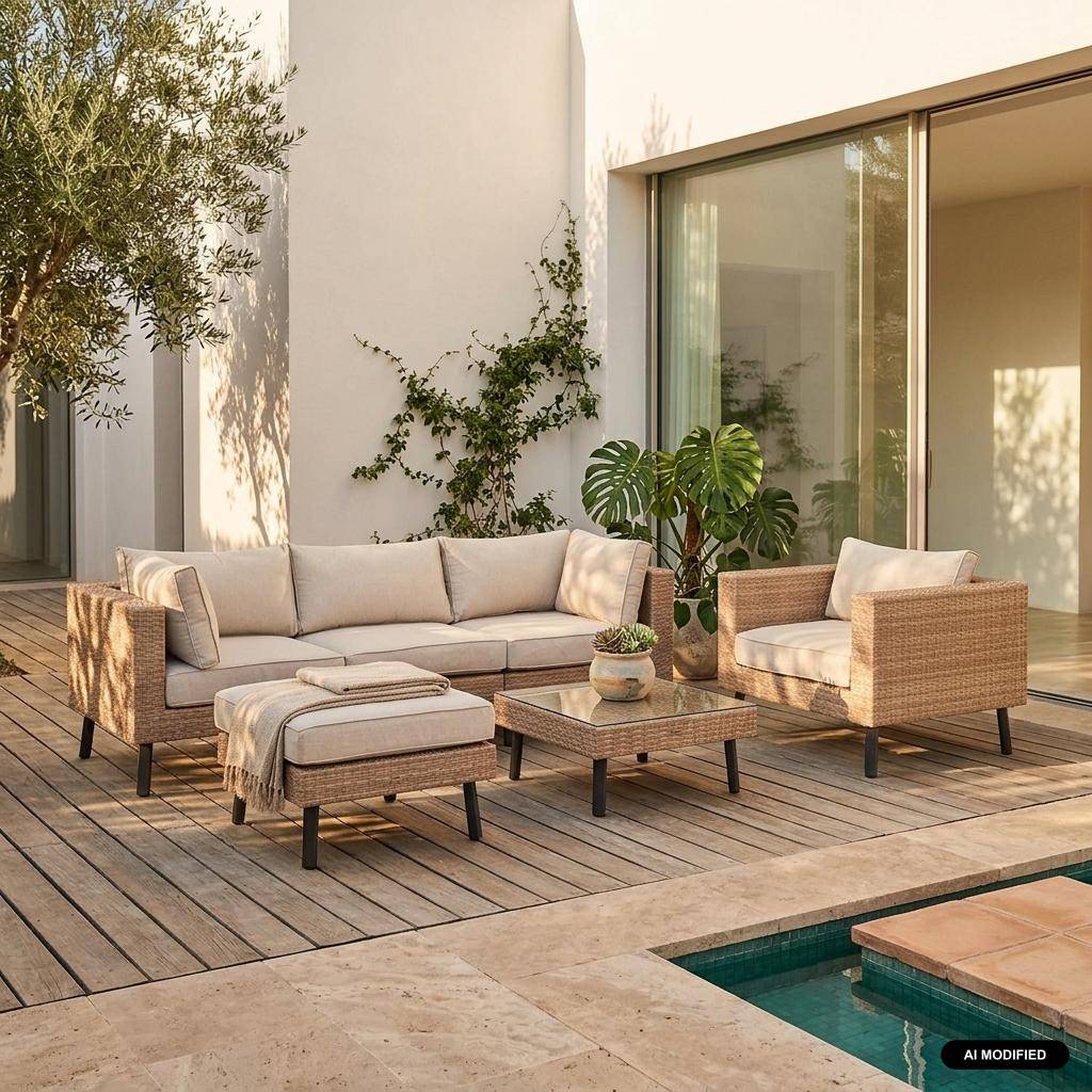 5-seater polyrattan garden sofa set Natural 69.5x69.5x30.5 cm - Alba Photo1