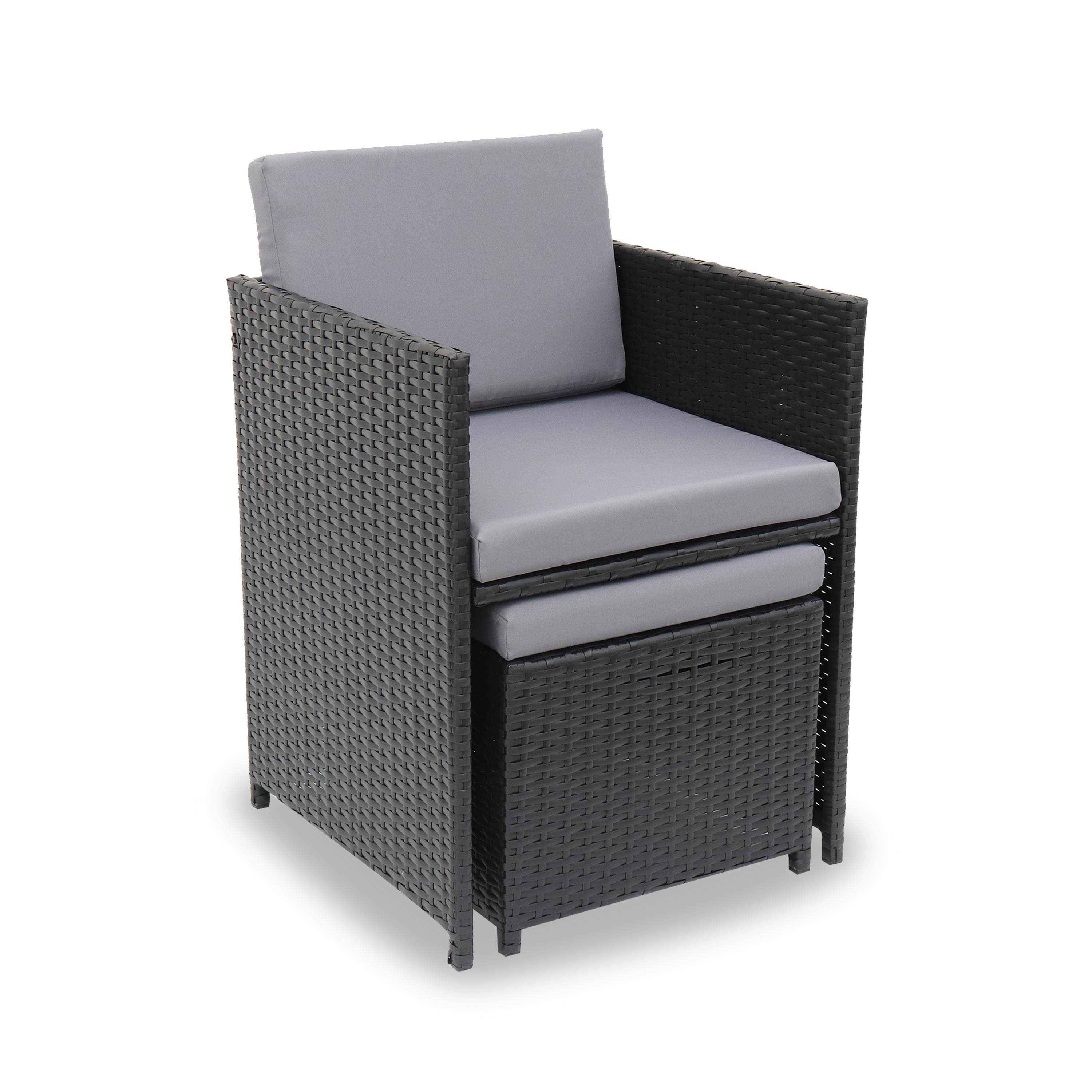 6 to 10-seater rattan cube table set - table, 6 armchairs, 2 footstools - Vabo 10 - Black rattan, Grey cushions,sweeek,Photo4