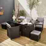 6 to 10-seater rattan cube table set - table, 6 armchairs, 2 footstools - Vabo 10 - Black rattan, Grey cushions Photo1