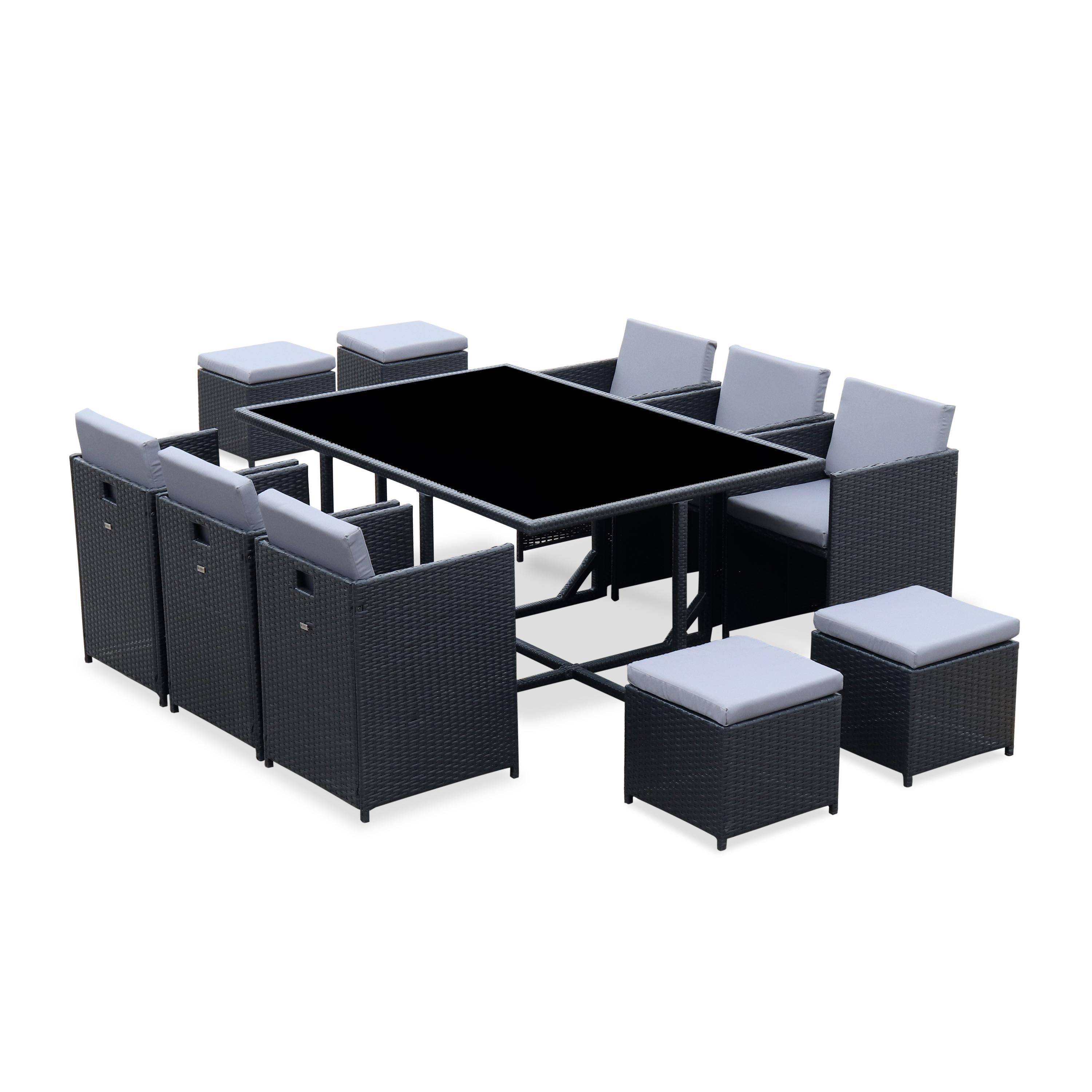 6 to 10-seater rattan cube table set - table, 6 armchairs, 2 footstools - Vabo 10 - Black rattan, Grey cushions,sweeek,Photo2