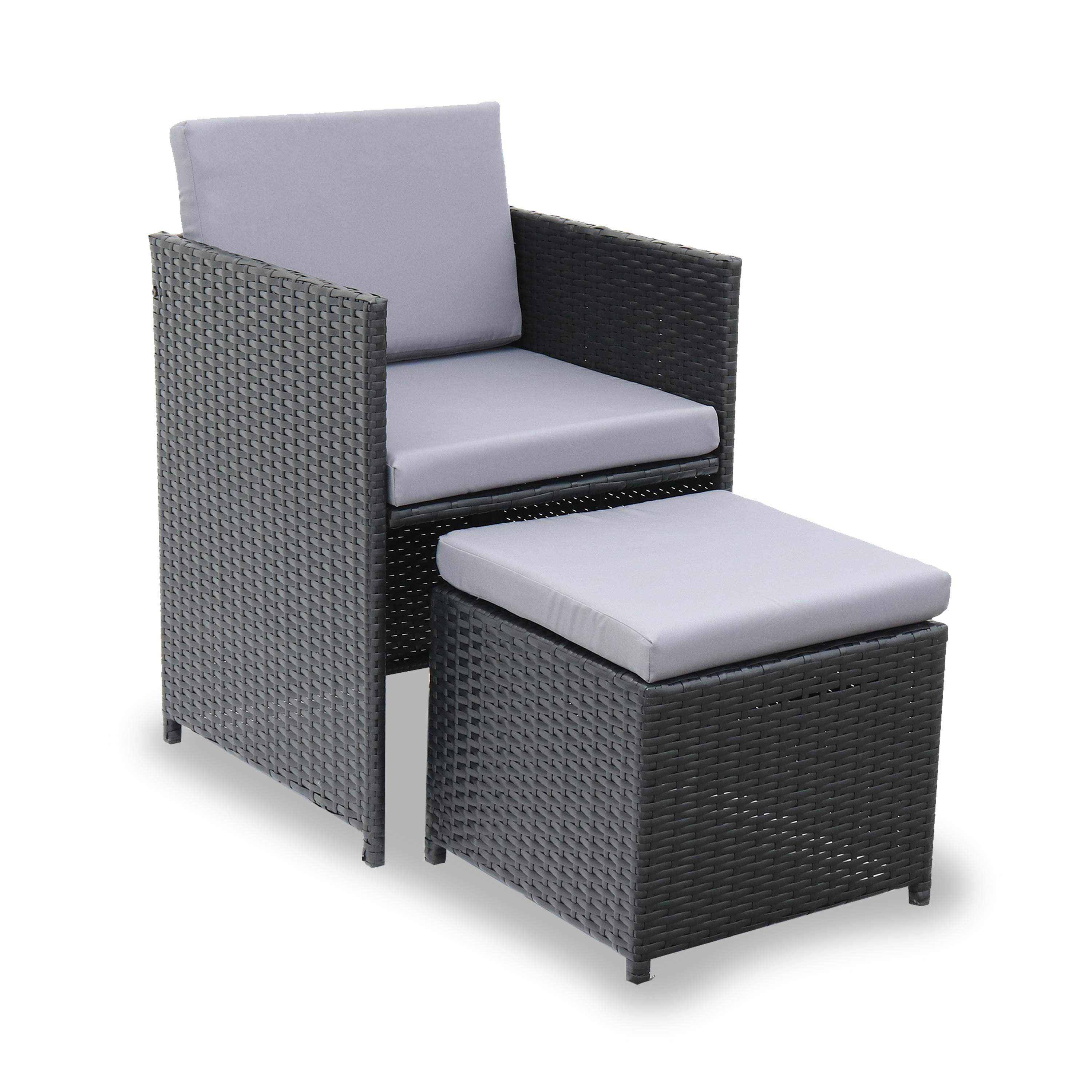 6 to 10-seater rattan cube table set - table, 6 armchairs, 2 footstools - Vabo 10 - Black rattan, Grey cushions,sweeek,Photo5
