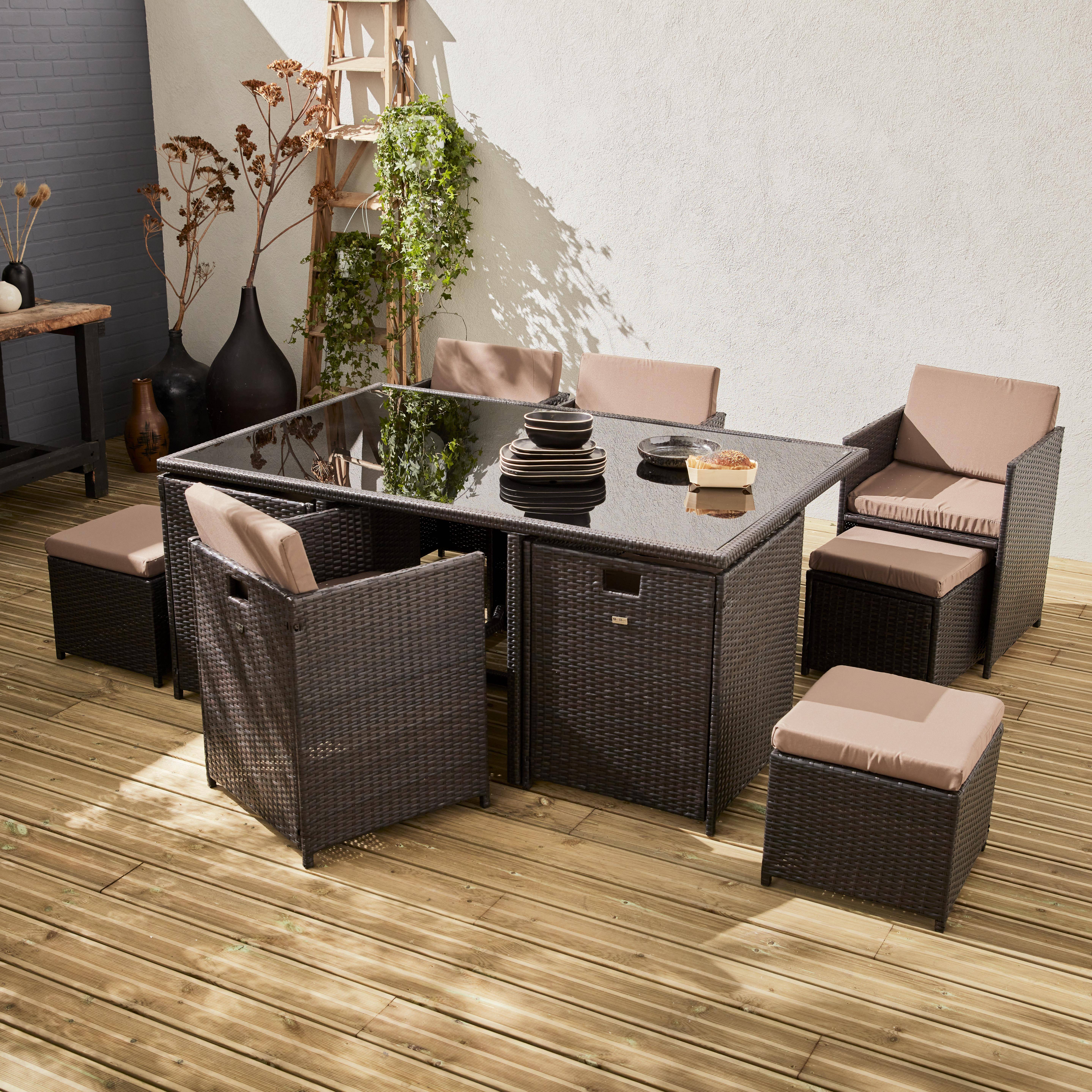6 to 10-seater rattan cube table set with chairs, Vabo 10, Brown, 110x110x73 cm Photo1
